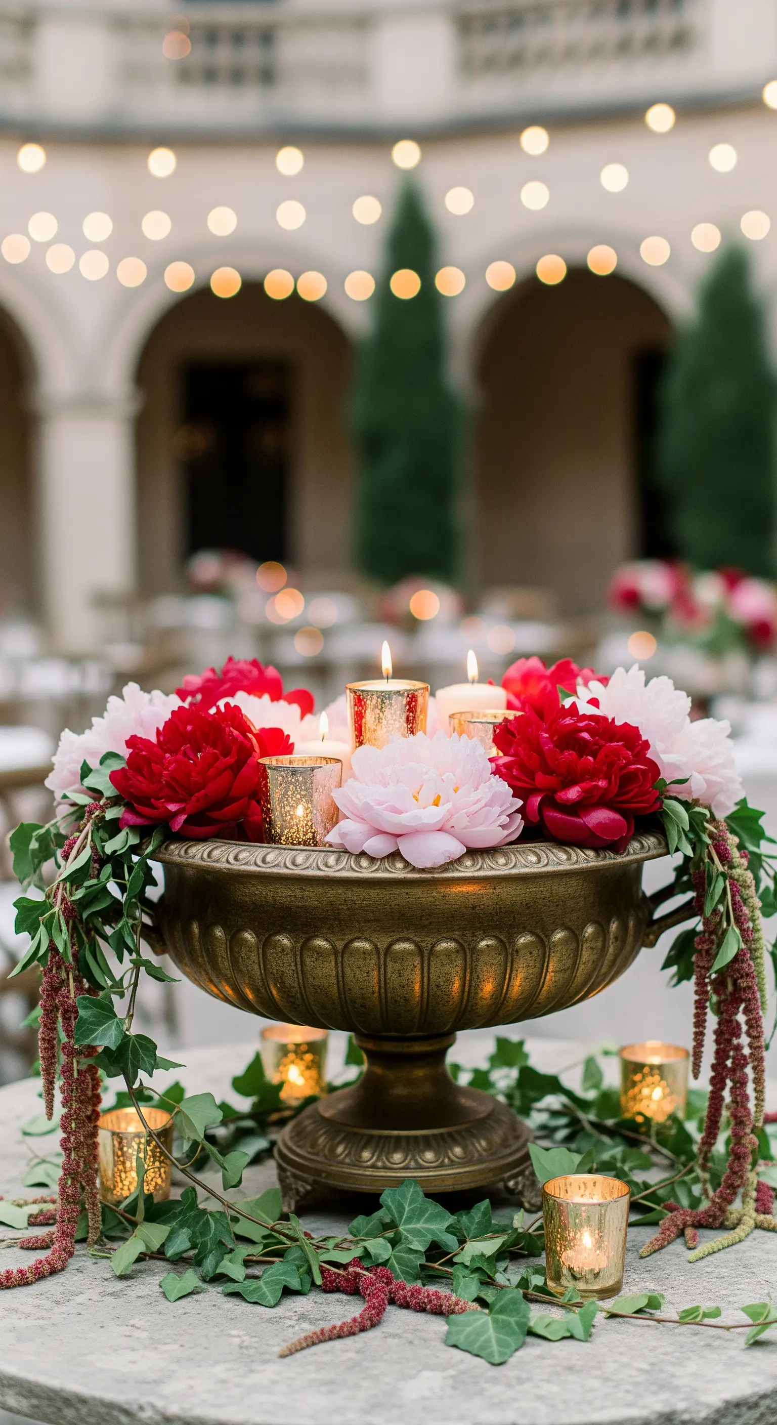 Urna in ottone anticato con peonie rosse e rosa, edera ricadente e candele dorate.