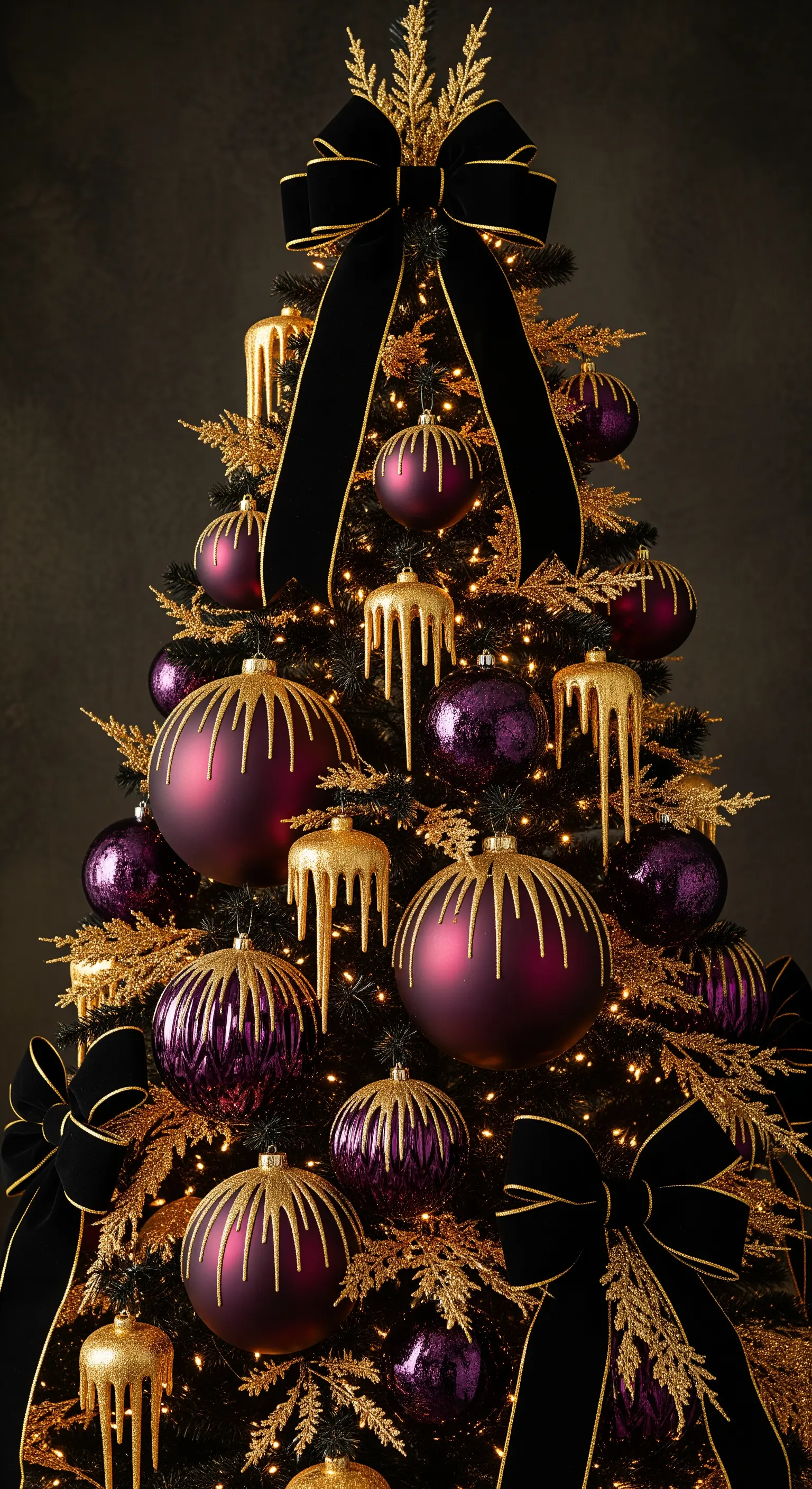 Albero di Natale nero con decorazioni viola, oro colato e fiocchi di velluto nero.