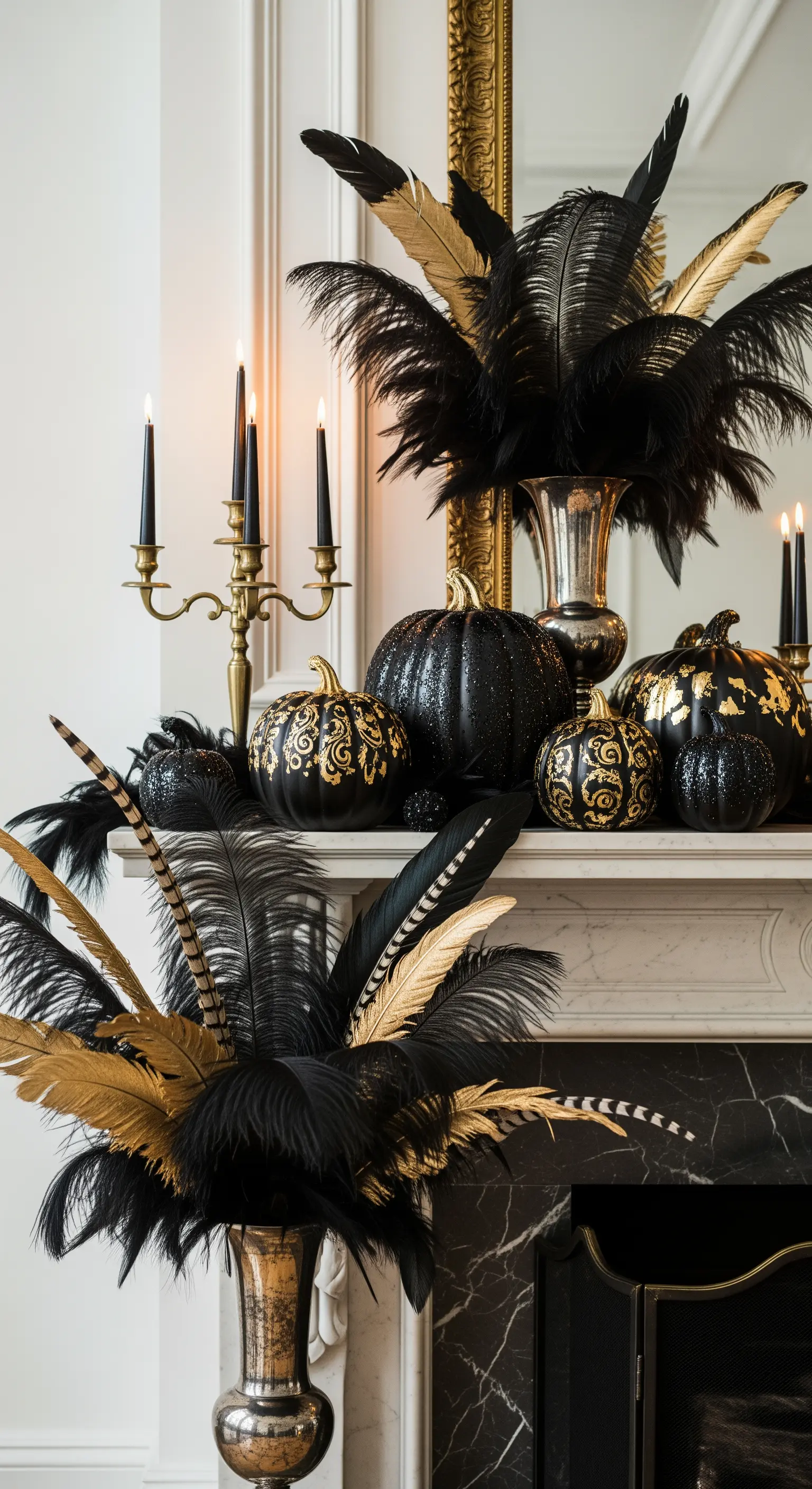 Decorazioni per camino di Halloween in nero e oro con zucche dipinte e piume nere.