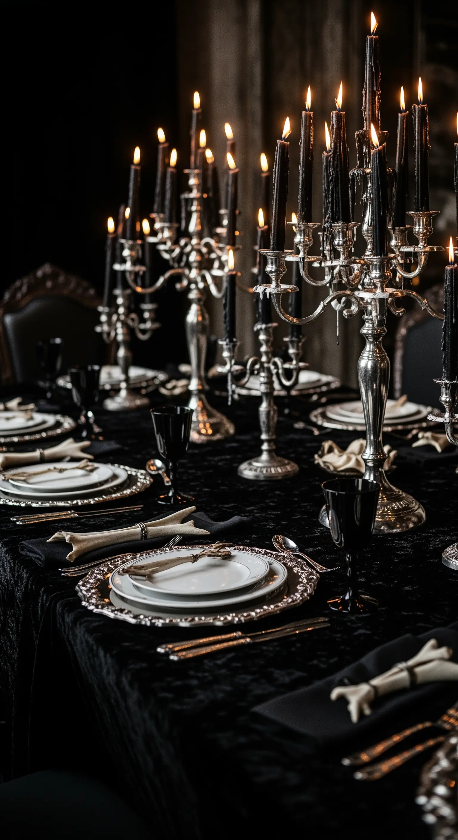 Tavola sontuosa con velluto nero, candelabri d'argento e candele nere, piatti a strati.
