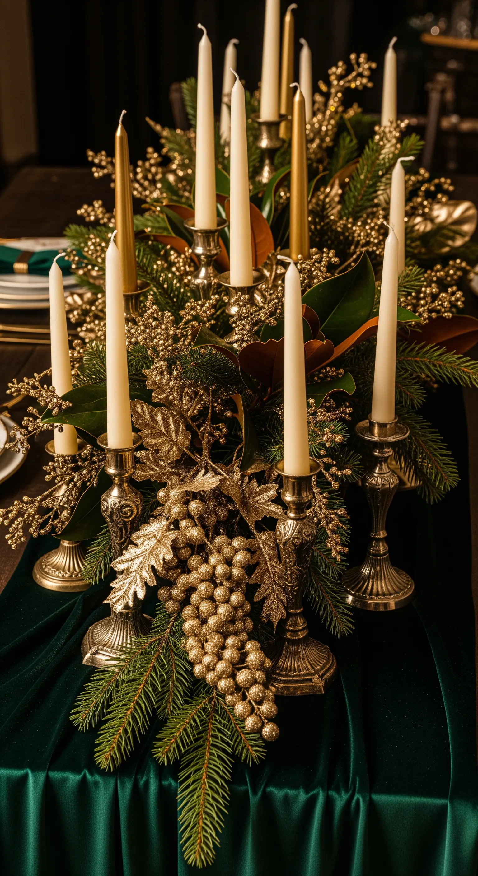 Centrotavola lussuoso con candele e decorazioni dorate su un runner di velluto verde.