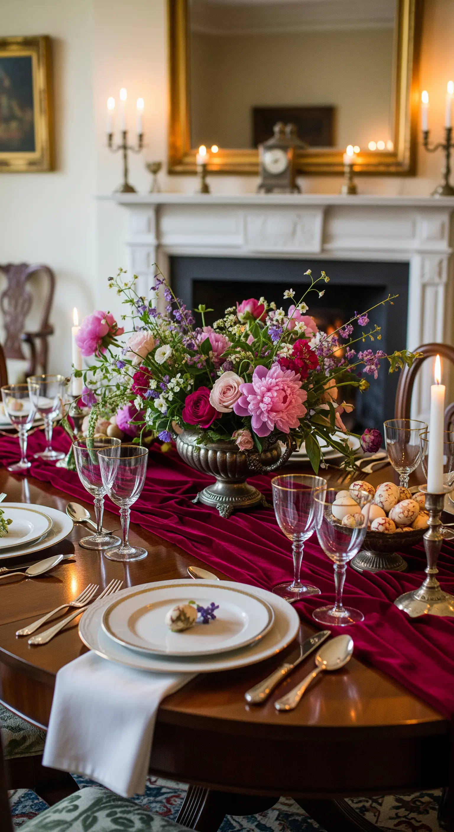 Tavola formale con runner in velluto borgogna e un grande centrotavola di peonie e rose
