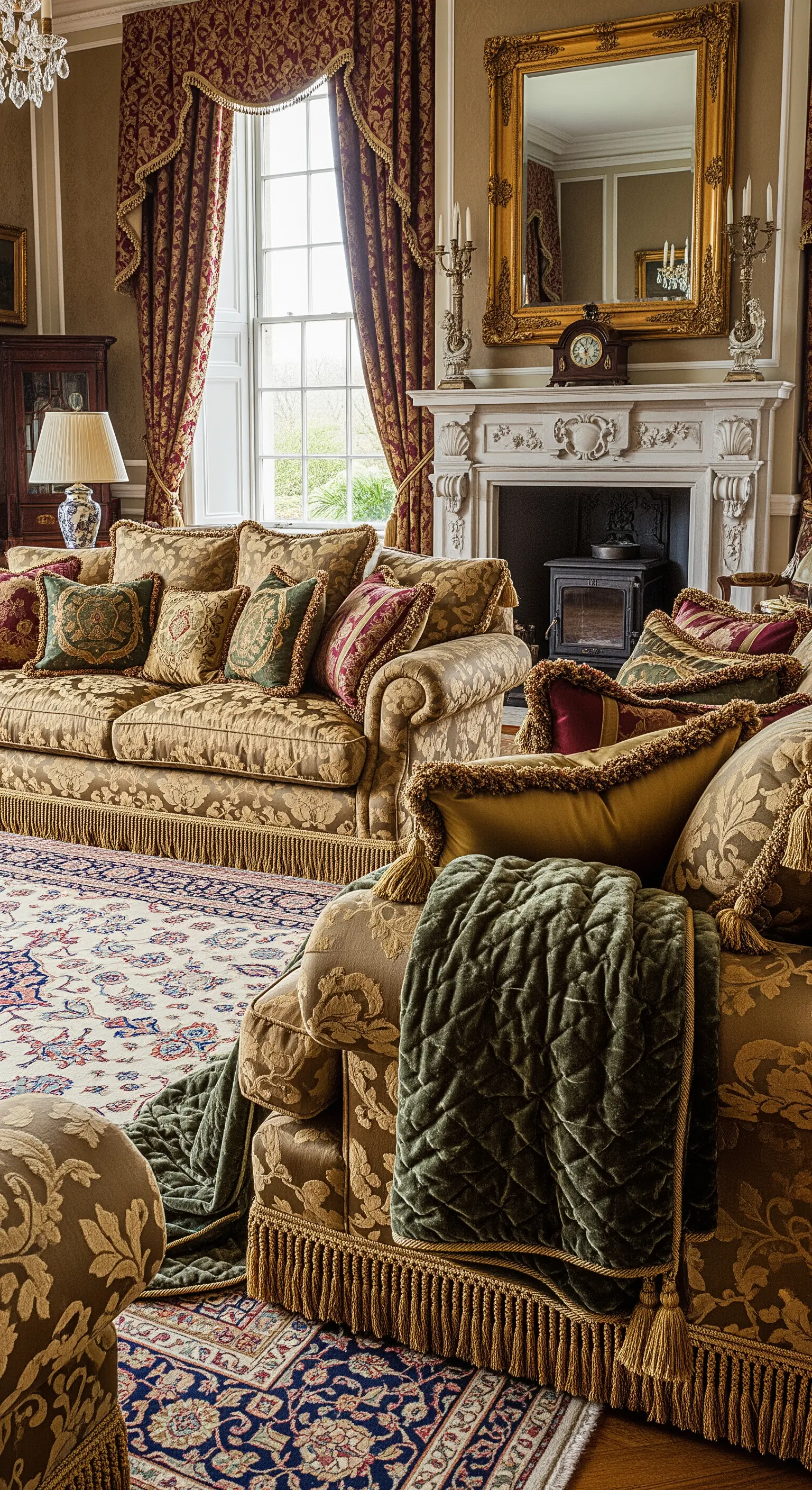 Salotto classico con divani damascati, cuscini con nappe e un grande tappeto persiano.