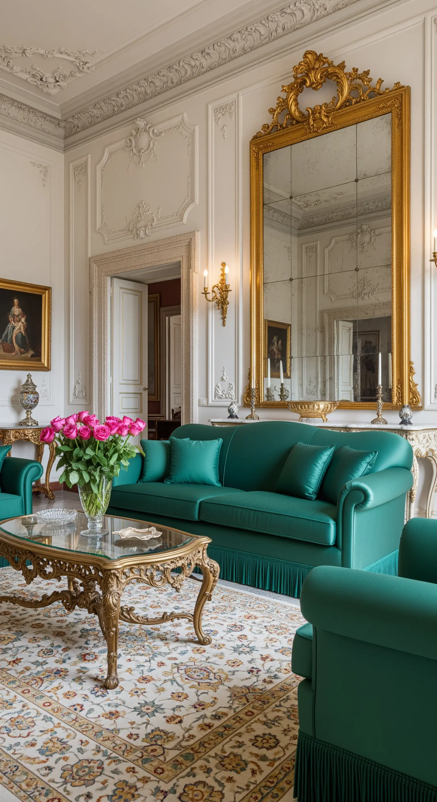 Salone classico con boiserie, specchio dorato, divano verde e tavolino in ottone lavorato.