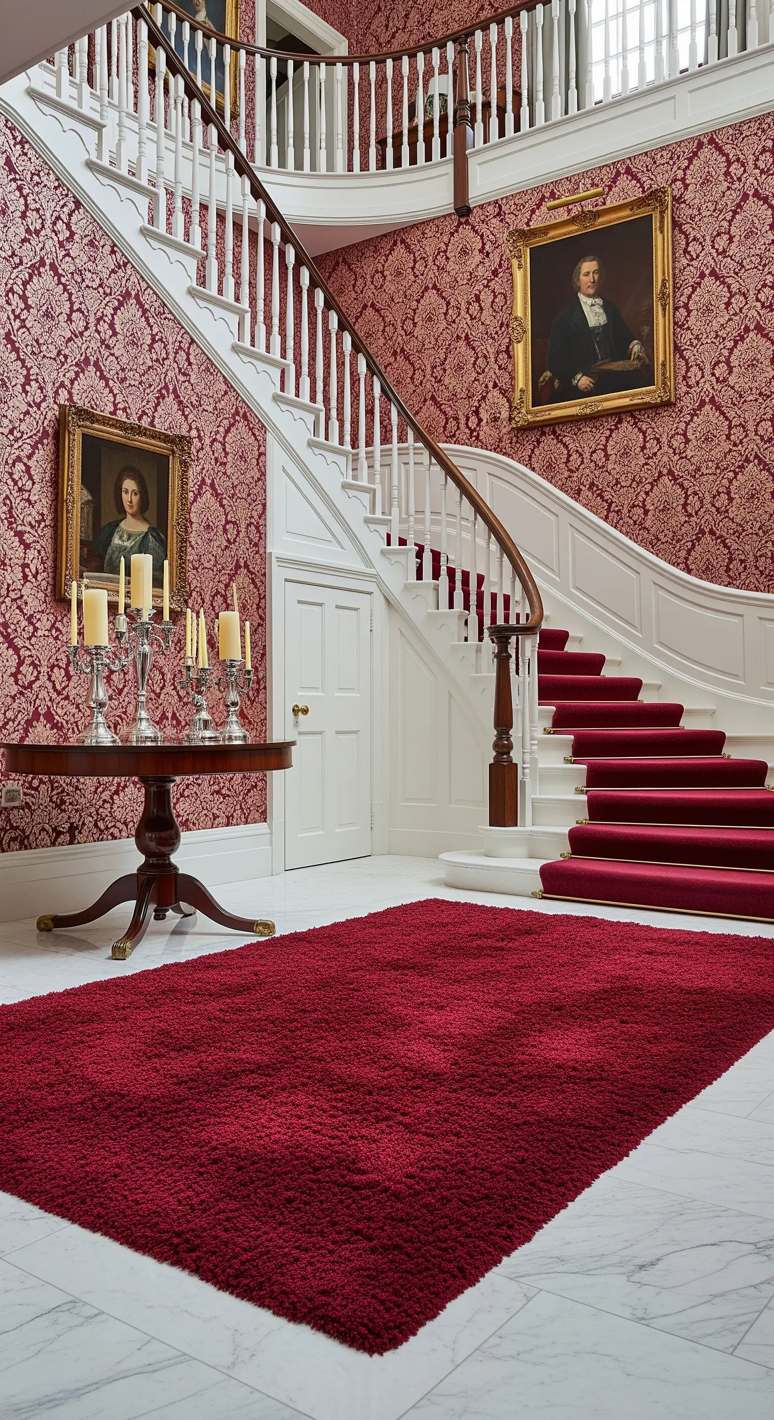 Ingresso maestoso con scala curva, carta da parati damascata rossa e grande tappeto coordinato.