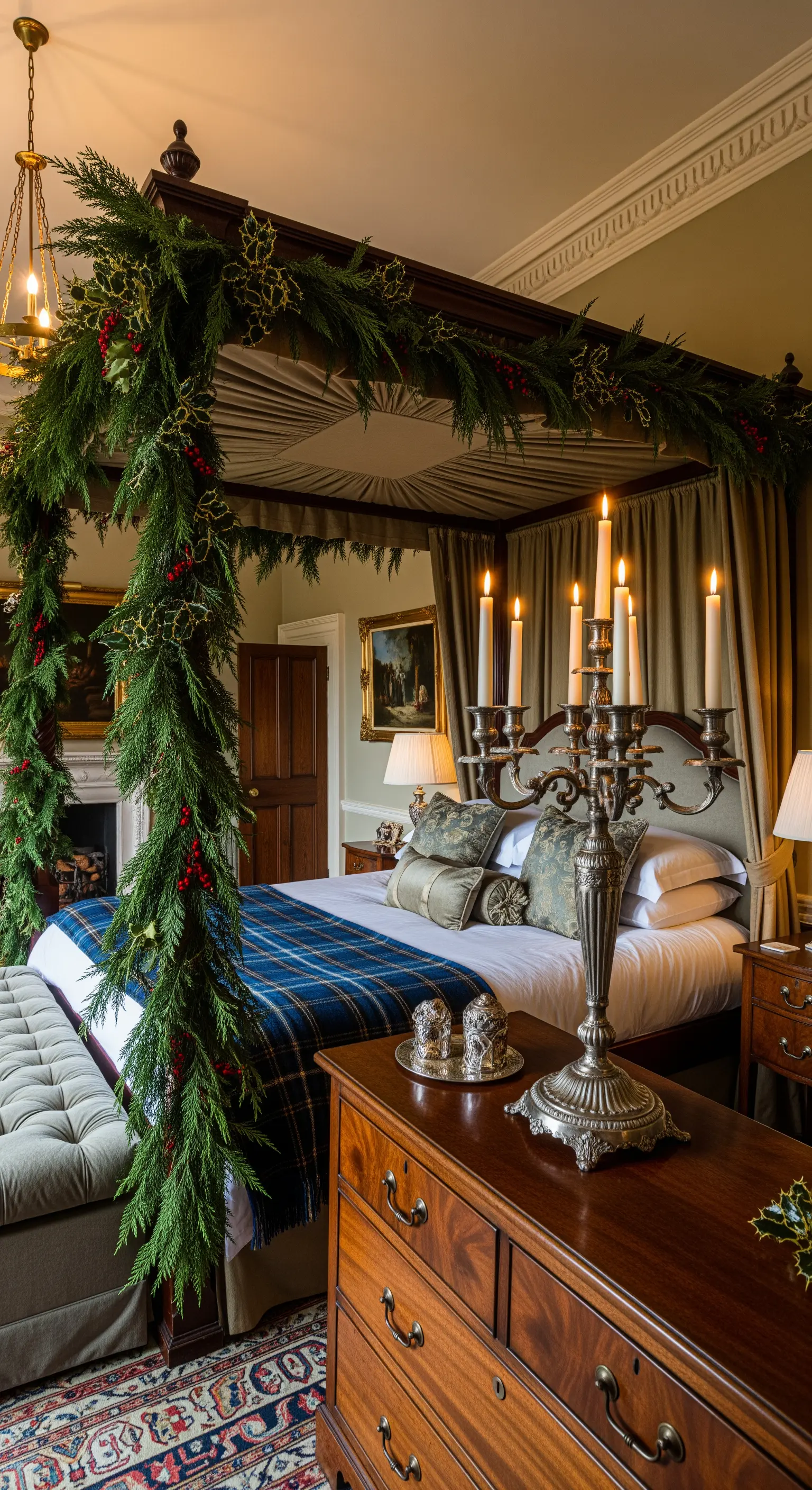 Letto a baldacchino classico decorato con opulente ghirlande di pino e bacche rosse.