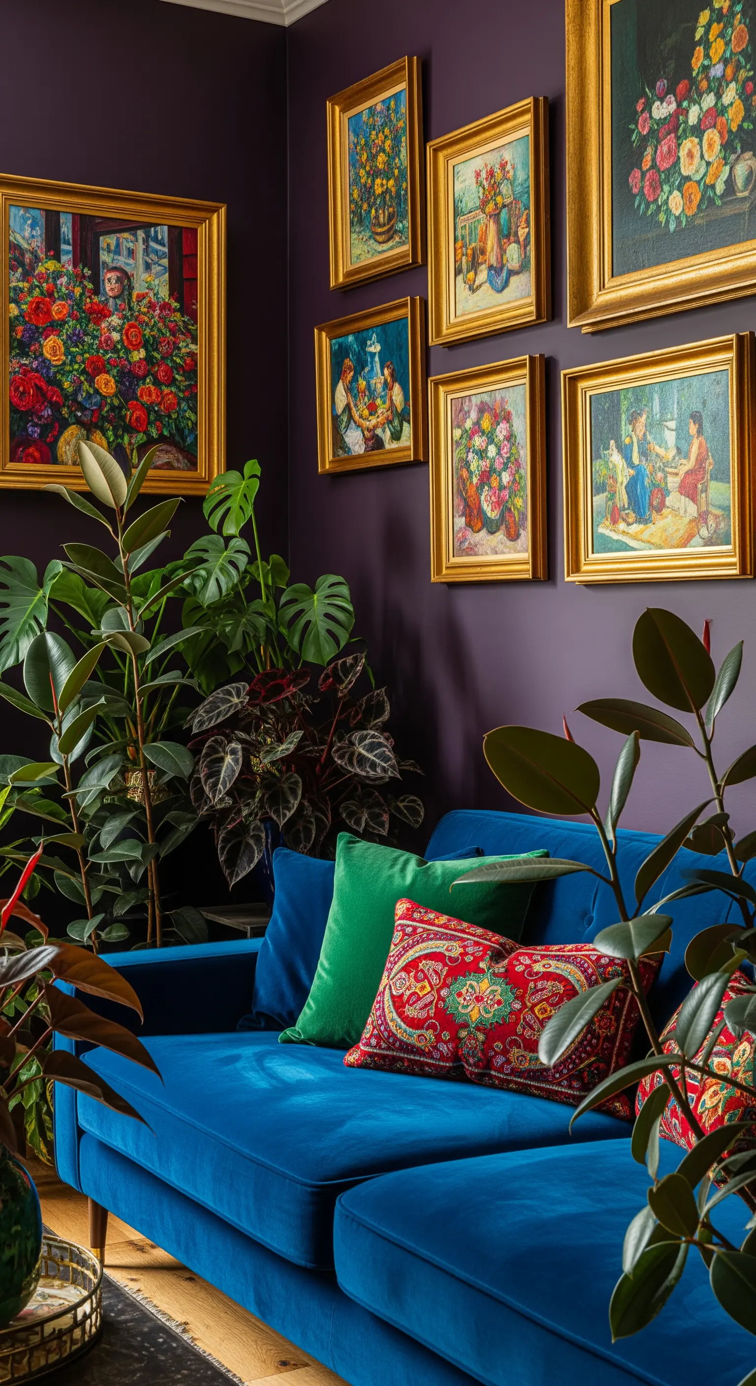 Salotto con pareti viola scuro, divano in velluto blu e una galleria di quadri floreali.