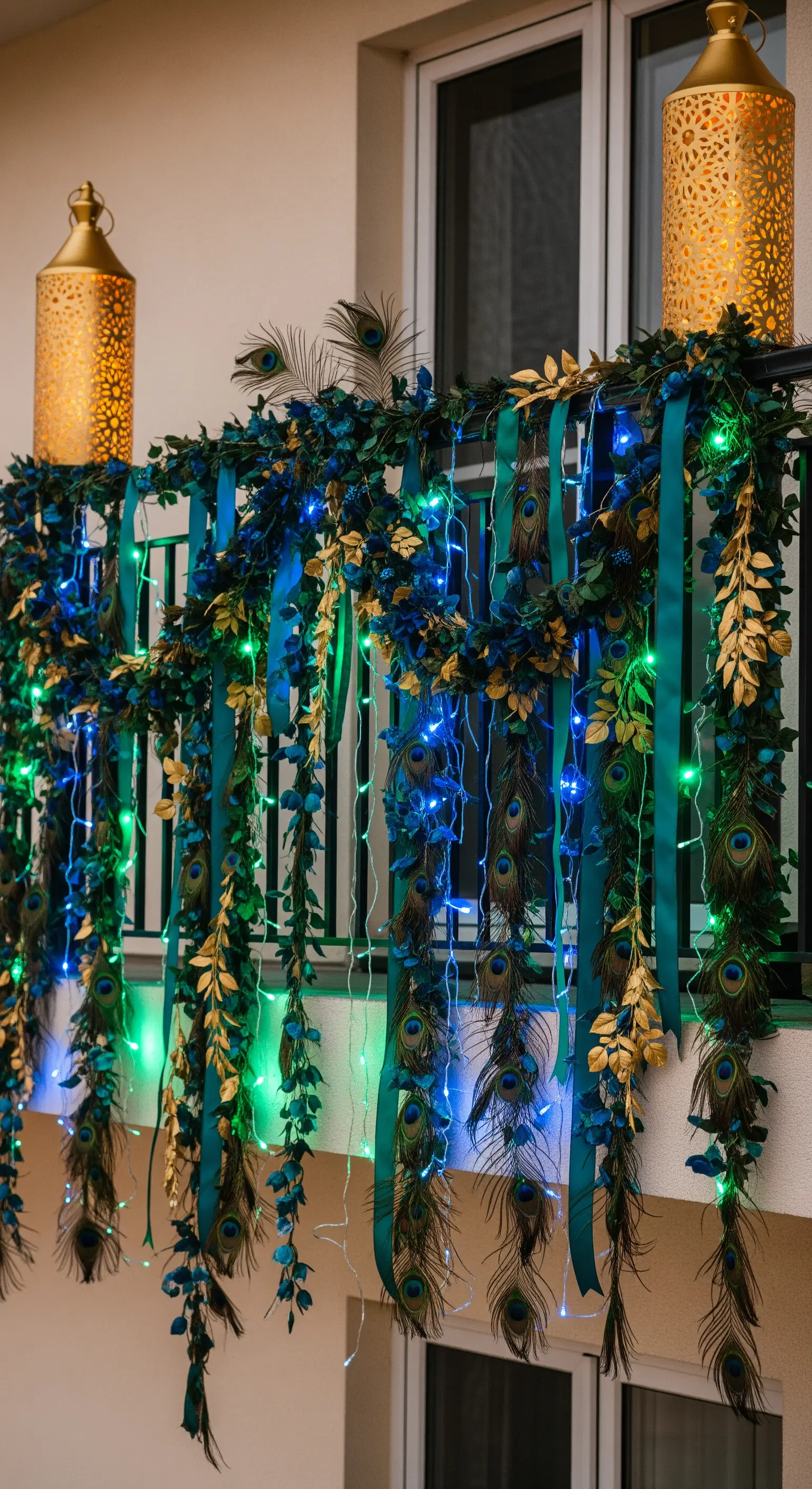 Balcone decorato con ghirlande scure, piume di pavone, nastri blu e verdi, e luci colorate