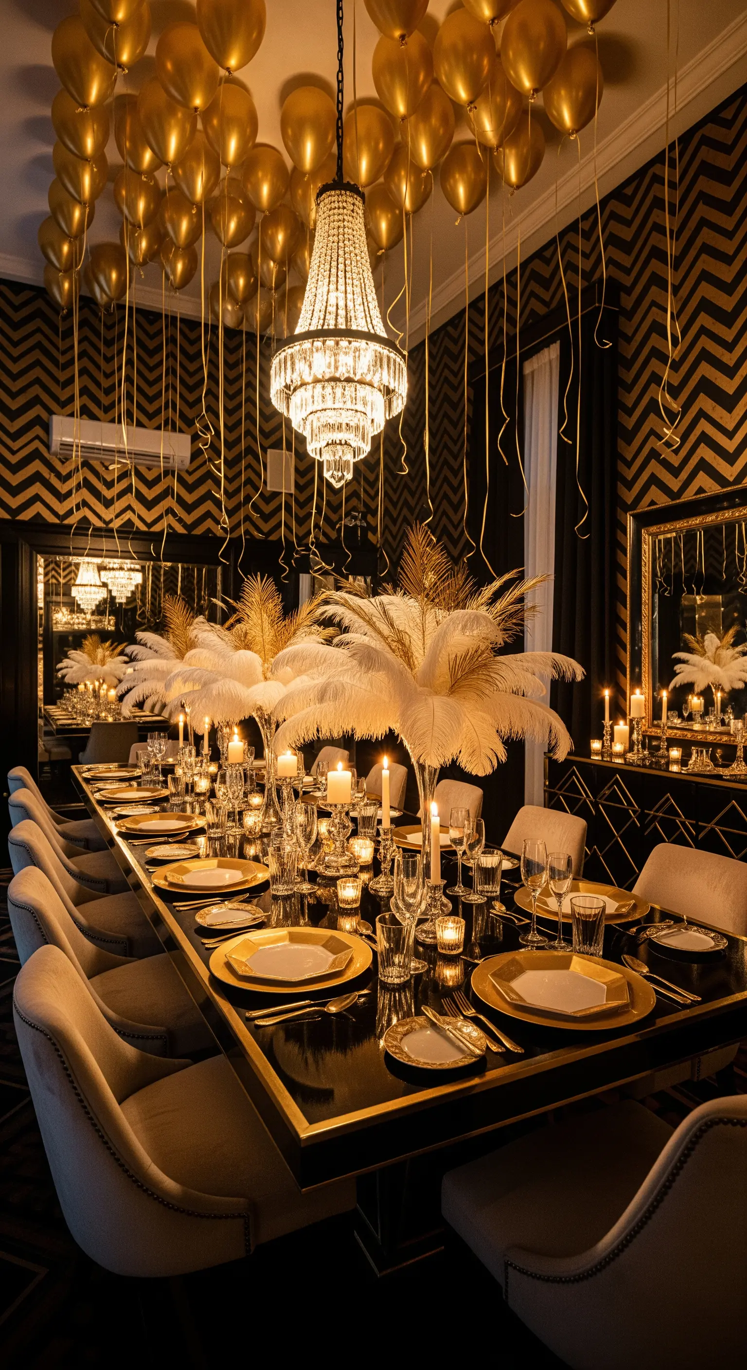 Tavola in stile Grande Gatsby con piume bianche, palloncini e candelabri dorati.