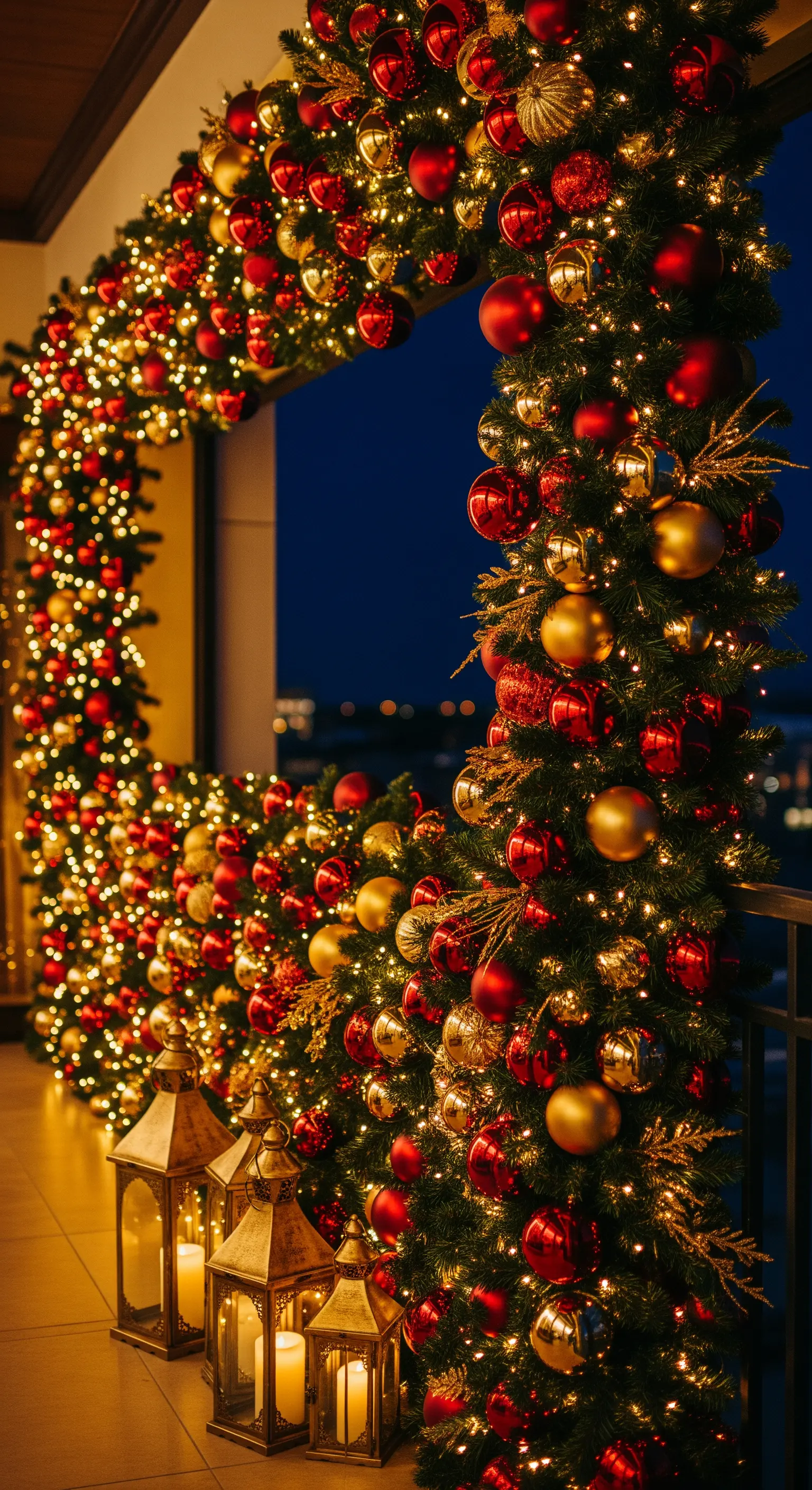 Un arco e una ringhiera completamente ricoperti di ghirlande cariche di palline rosse e oro e luci calde