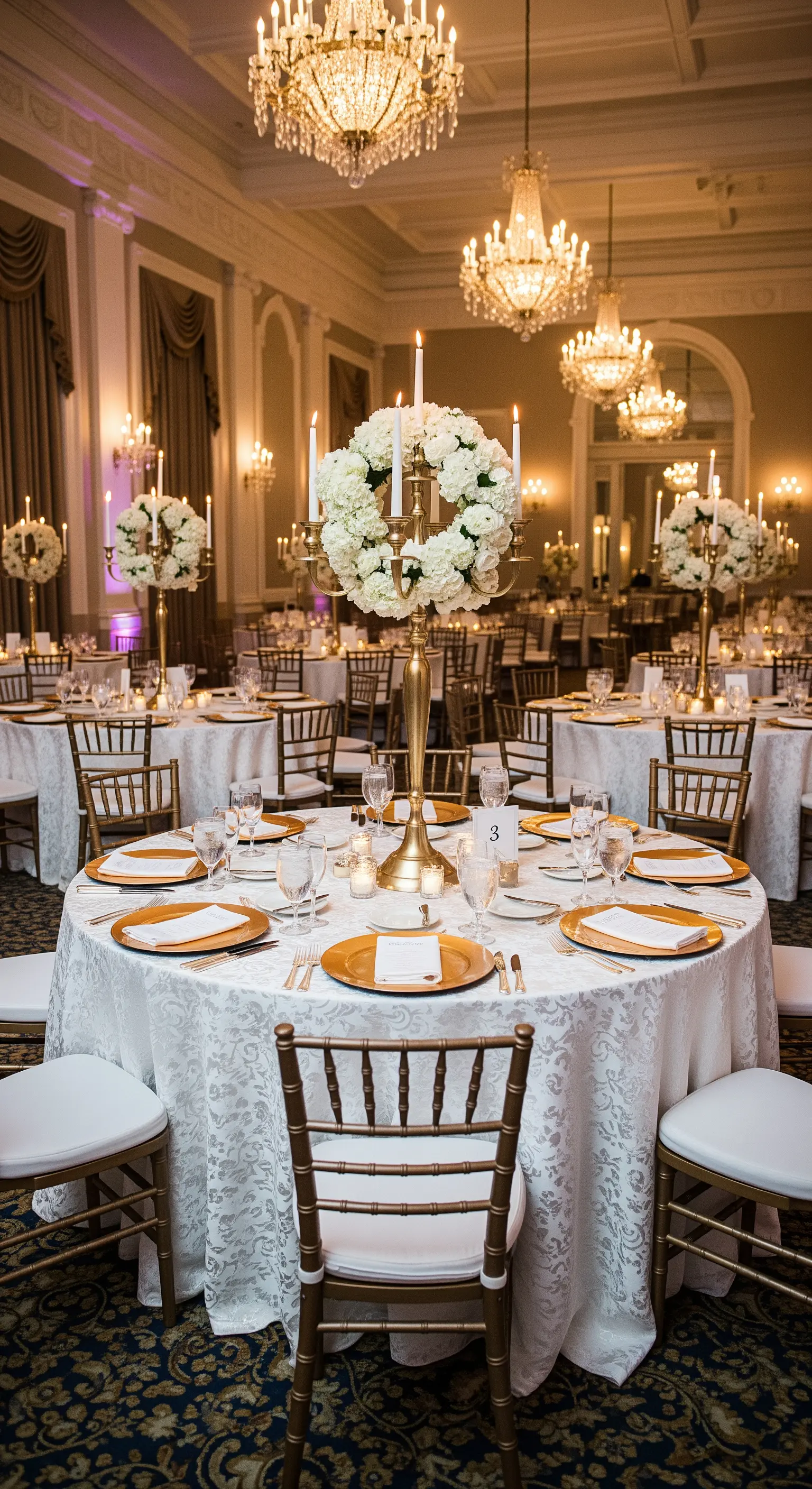 Sala da ballo con tavole rotonde, candelabri dorati e grandi composizioni di fiori bianchi.
