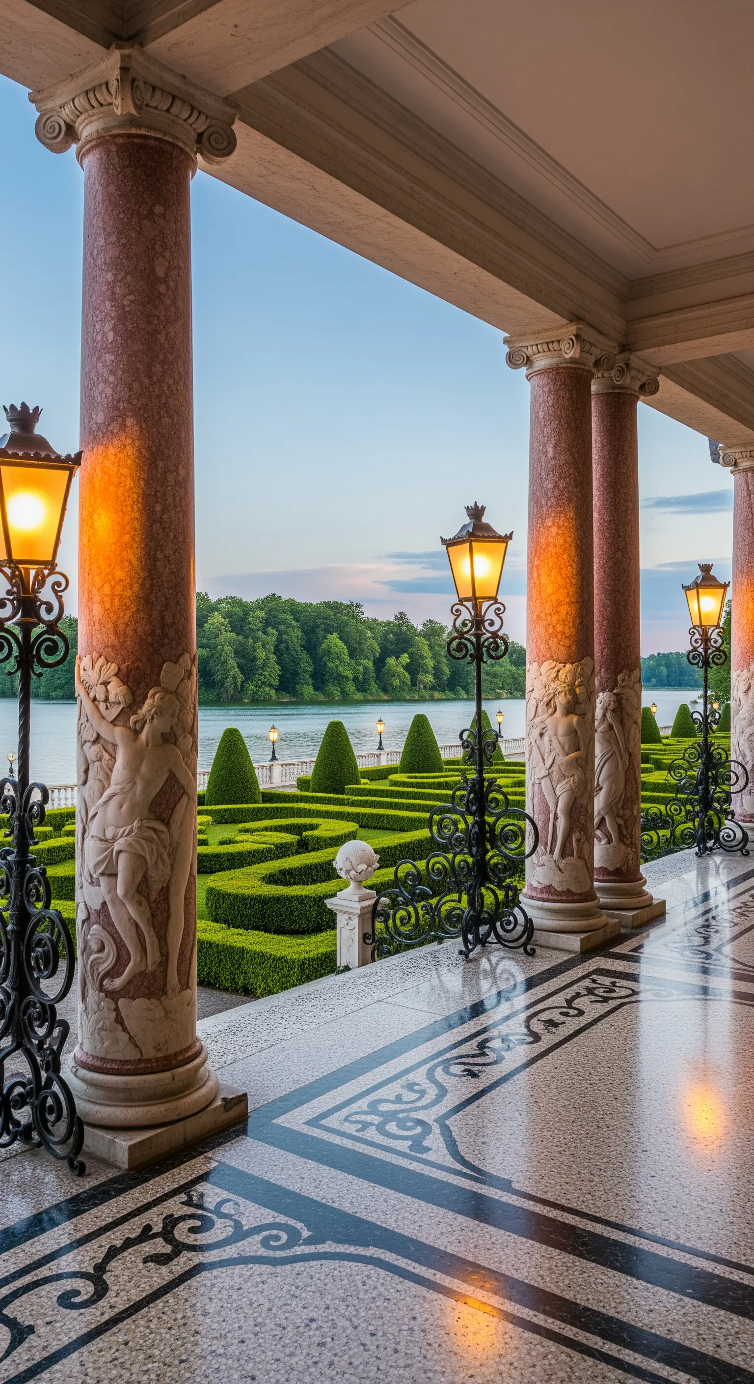 Portico opulento con colonne scolpite, pavimento a mosaico e vista su un giardino formale.