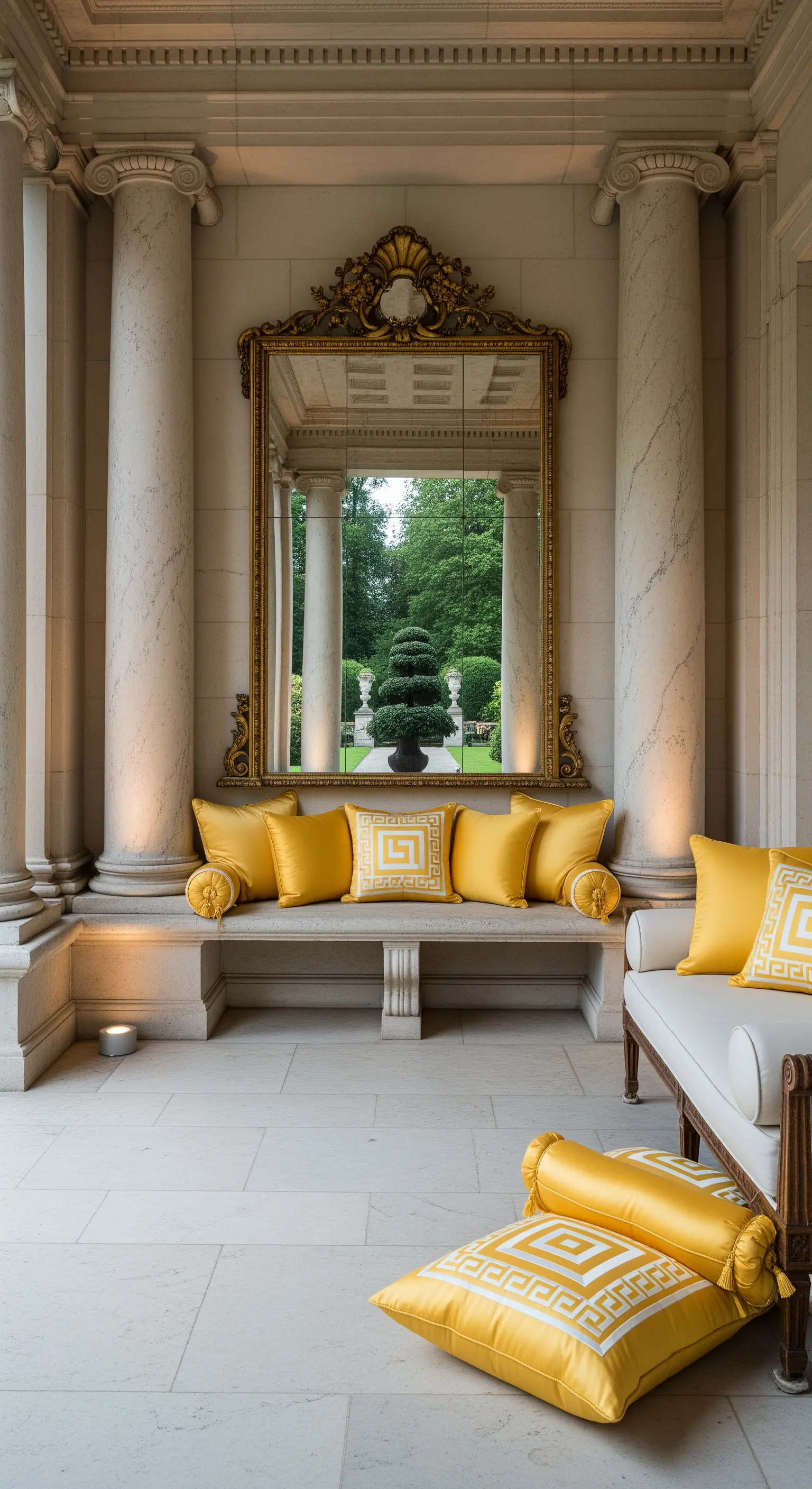 Loggia neoclassica con colonne, specchio dorato barocco e cuscini gialli a motivi greci.