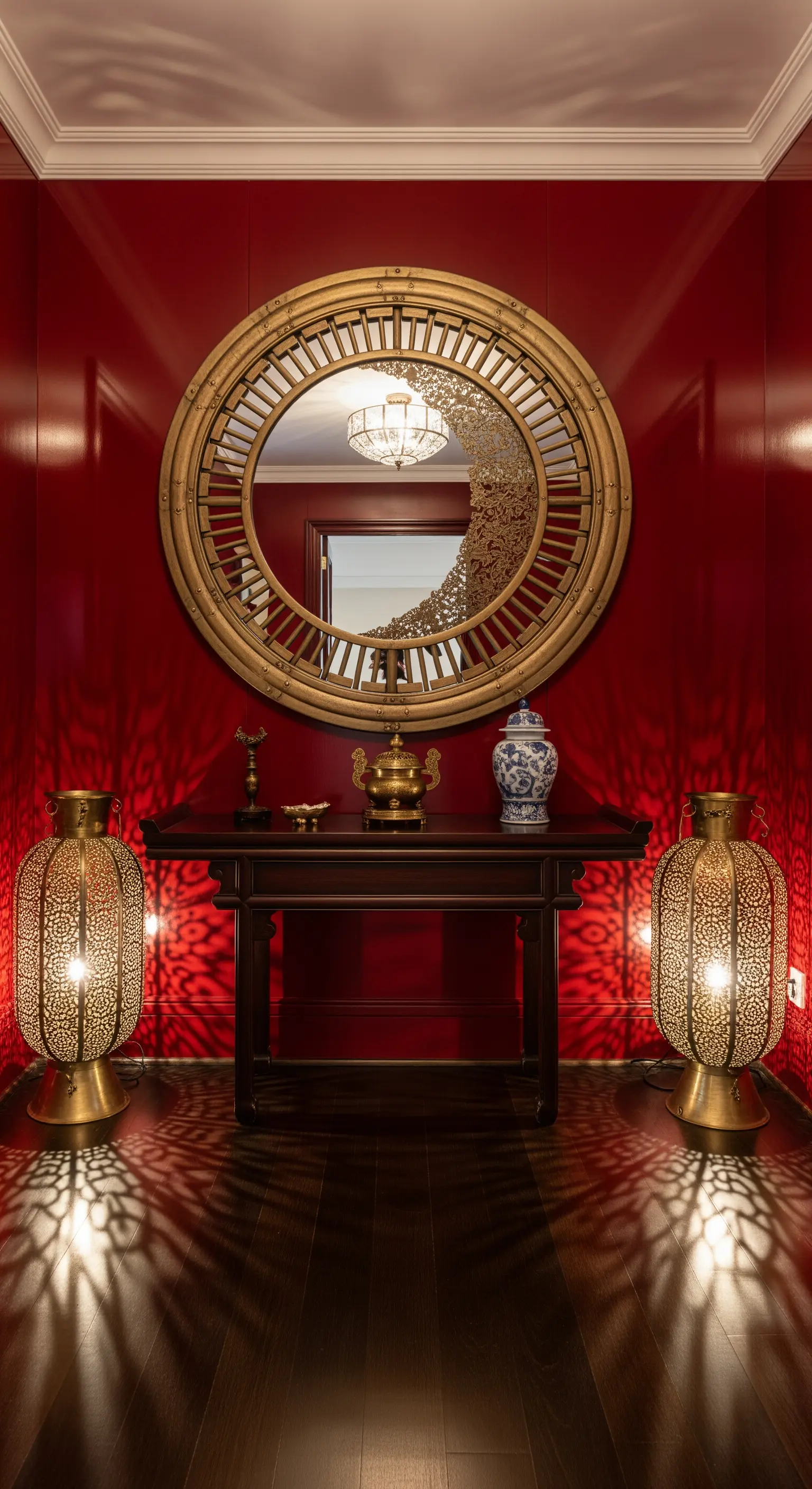 Ingresso laccato rosso con specchio tondo in stile orientale e grandi lanterne traforate.