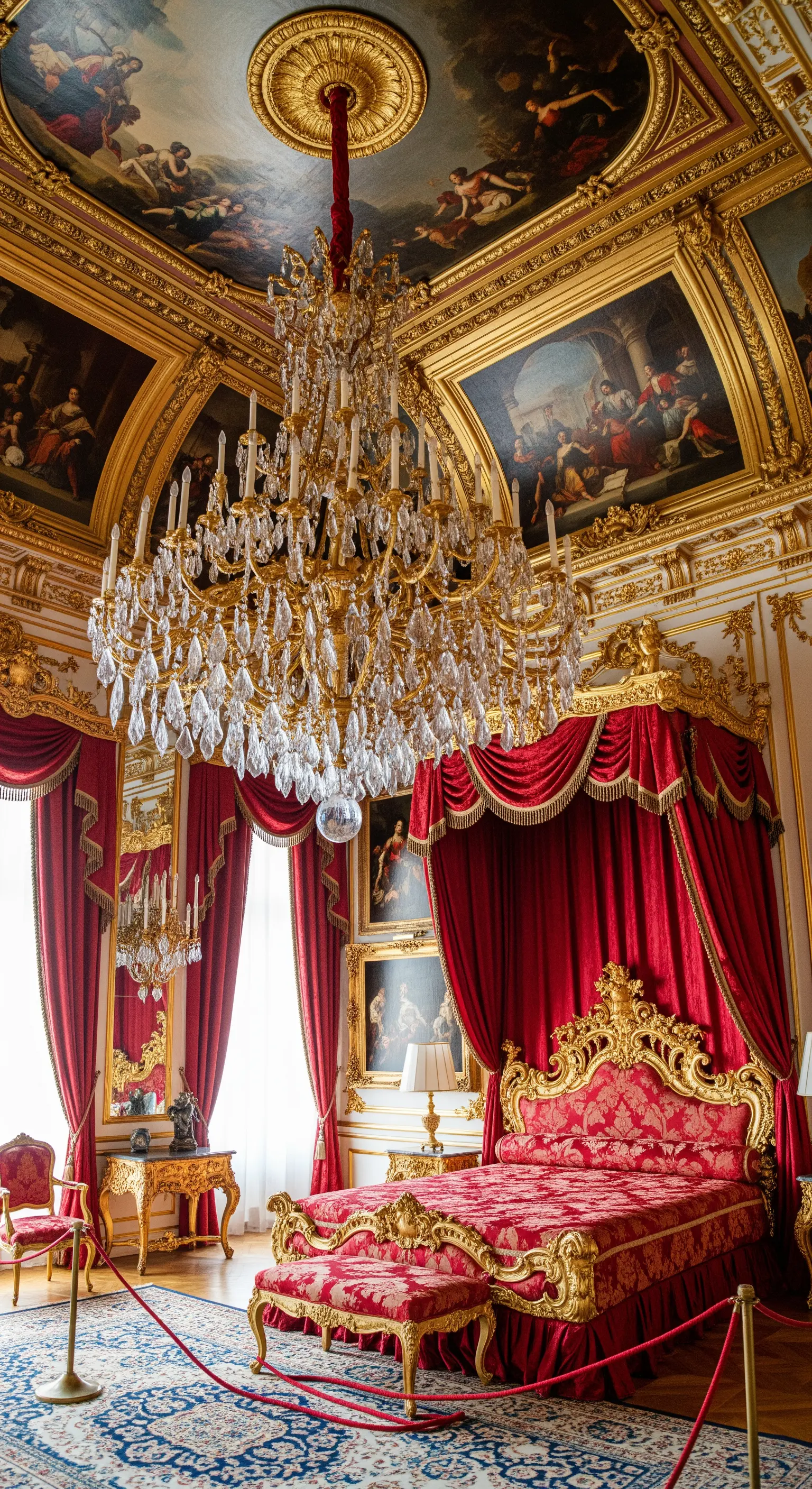 Enorme lampadario dorato e di cristallo in una sfarzosa camera da letto barocca.