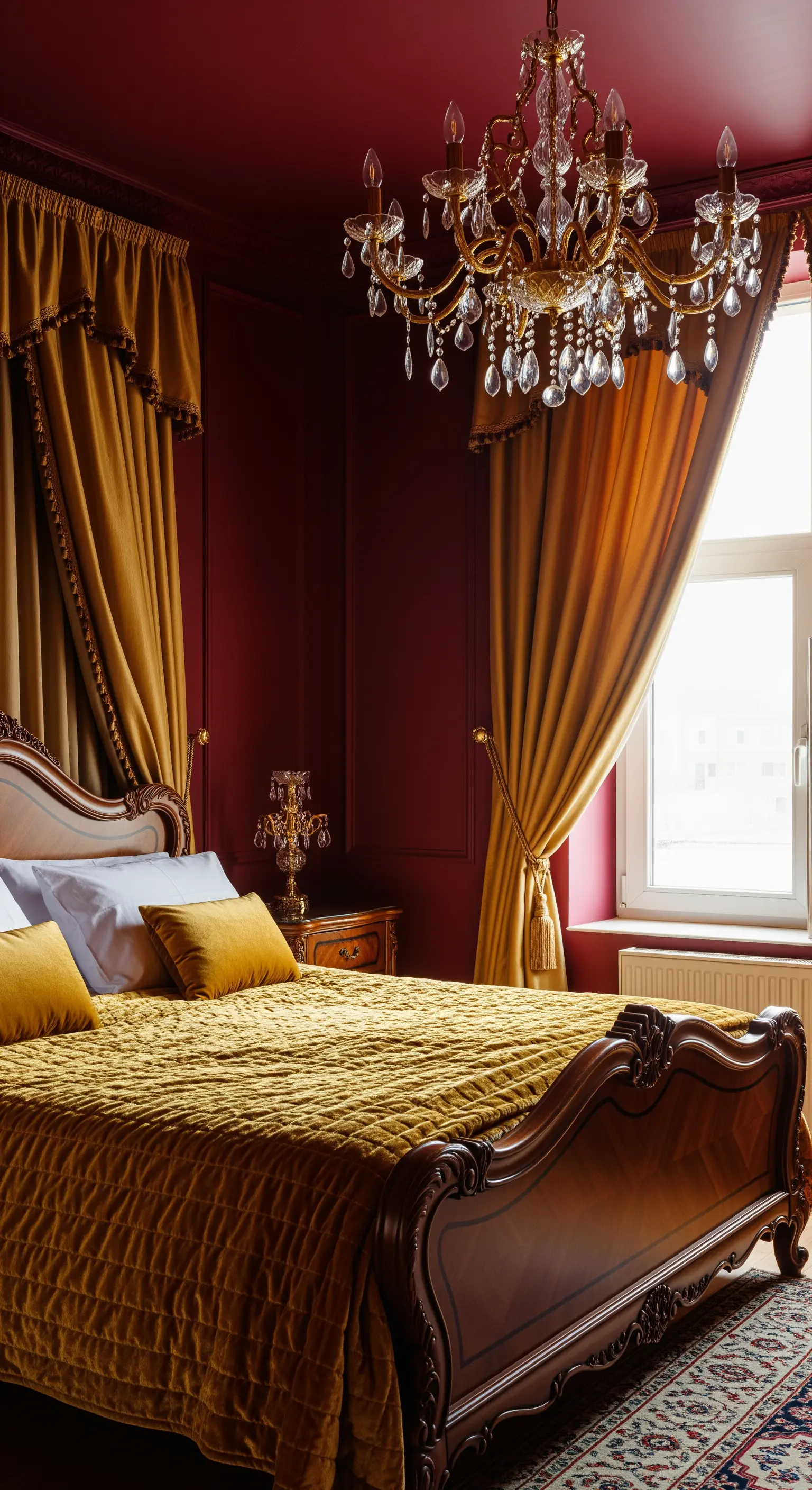 Camera da letto regale con pareti rosse, tende dorate in velluto e lampadario in cristallo.