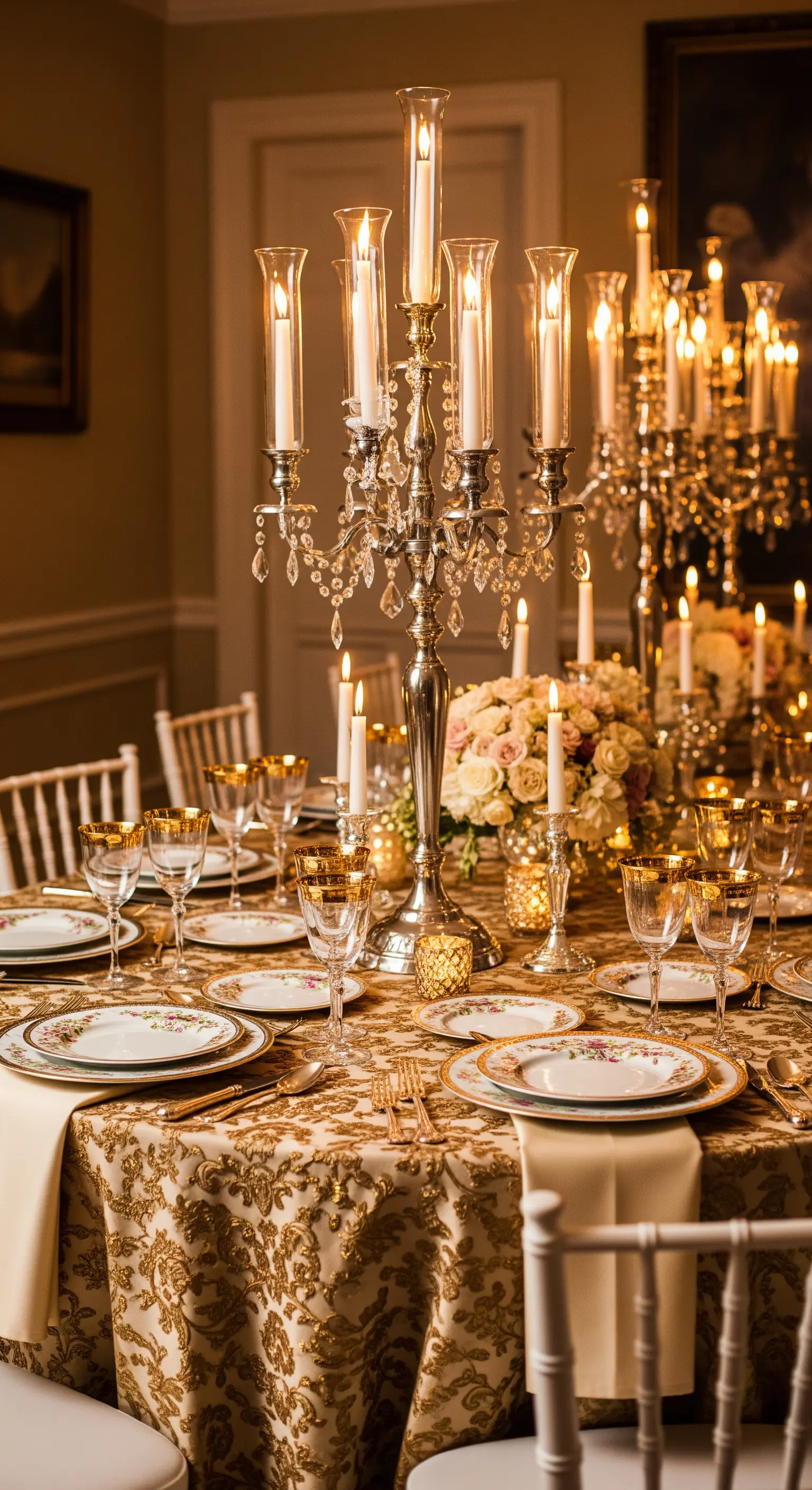 Tavola elegante con tovaglia damascata oro e un imponente candelabro di cristallo al centro.