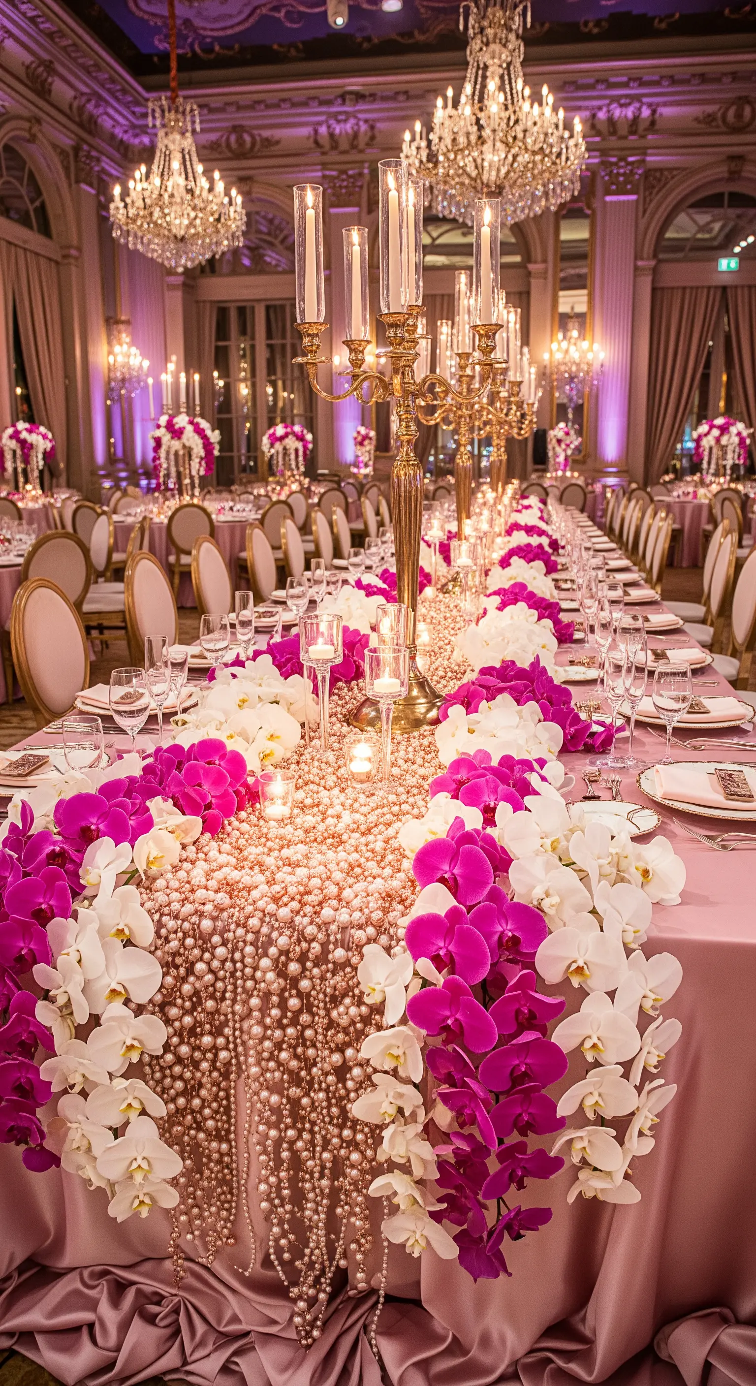 Tavolo imperiale rosa con un ricco runner di perle e orchidee fucsia e bianche.
