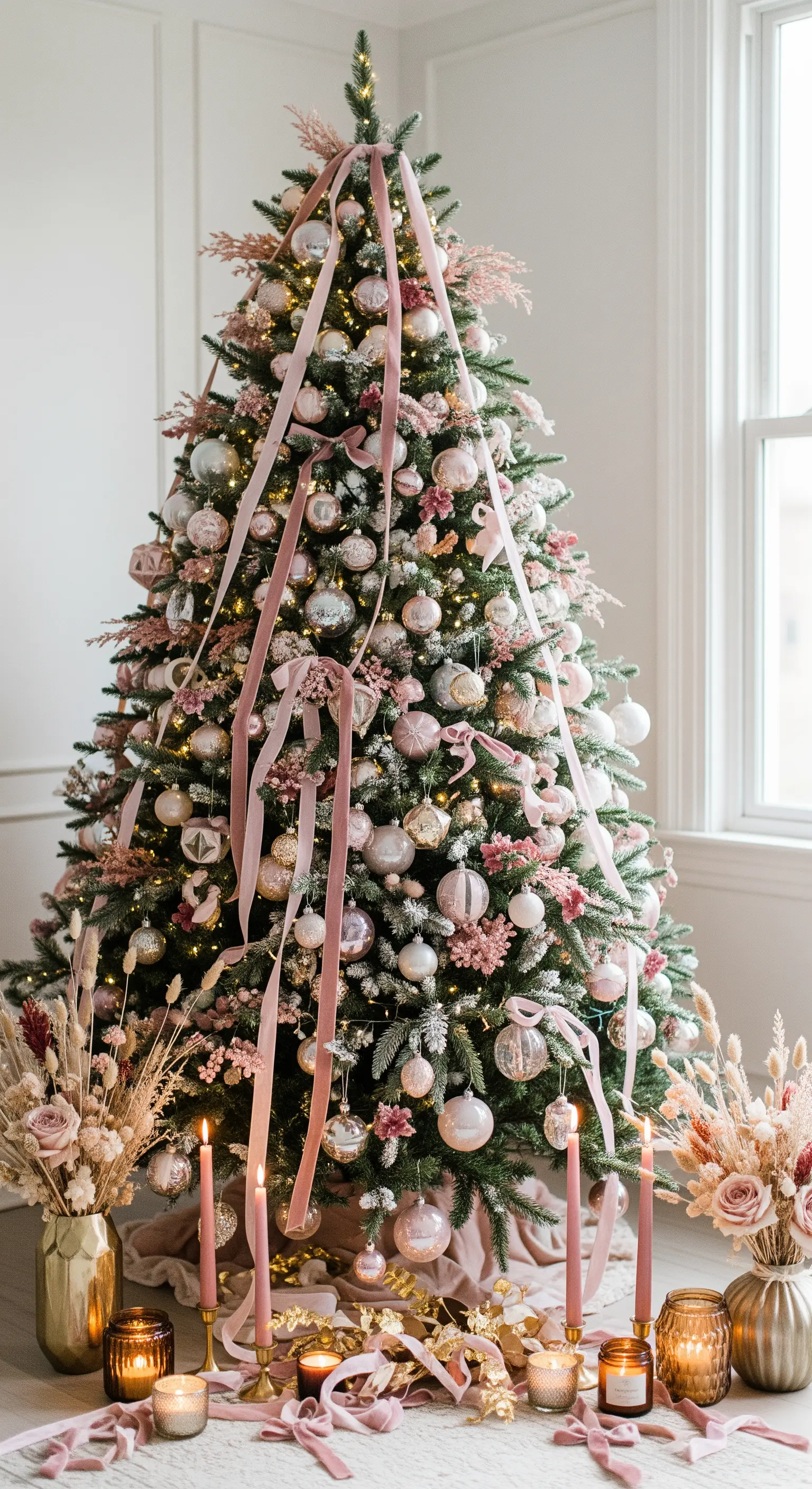 Albero di Natale ricco di palline rosa e oro, con nastri in velluto e fiori secchi