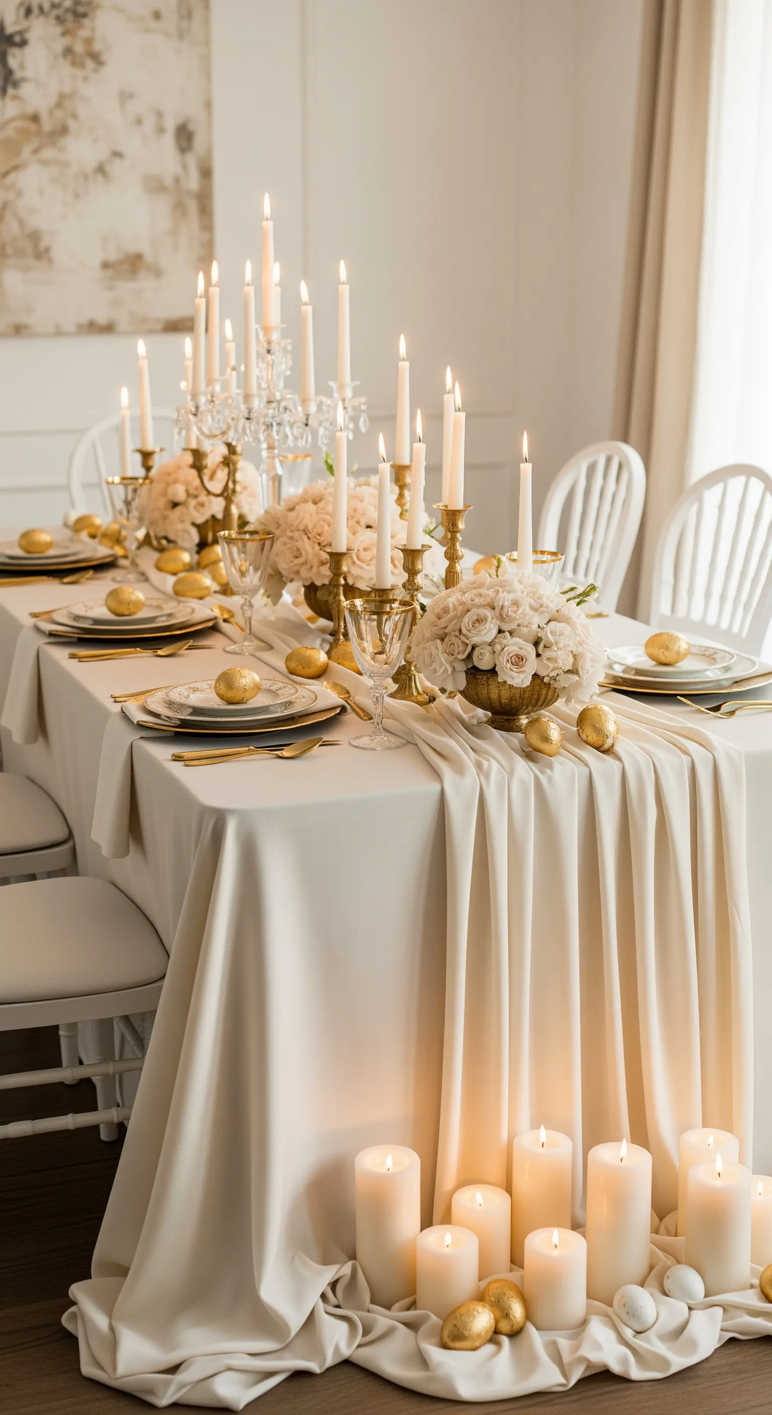 Tavola pasquale sontuosa con tovaglia lunga, candelabri, rose e uova dorate.