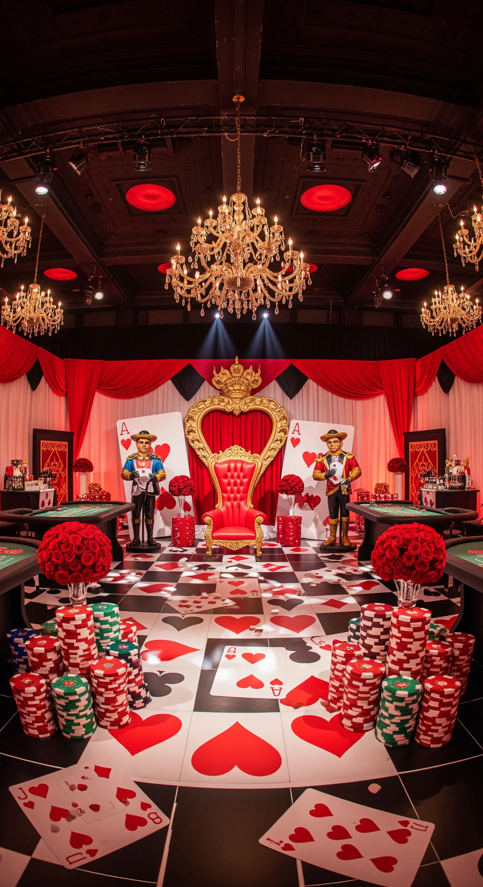 Allestimento sfarzoso a tema casinò con pavimento a scacchi, trono dorato e decorazioni rosse.