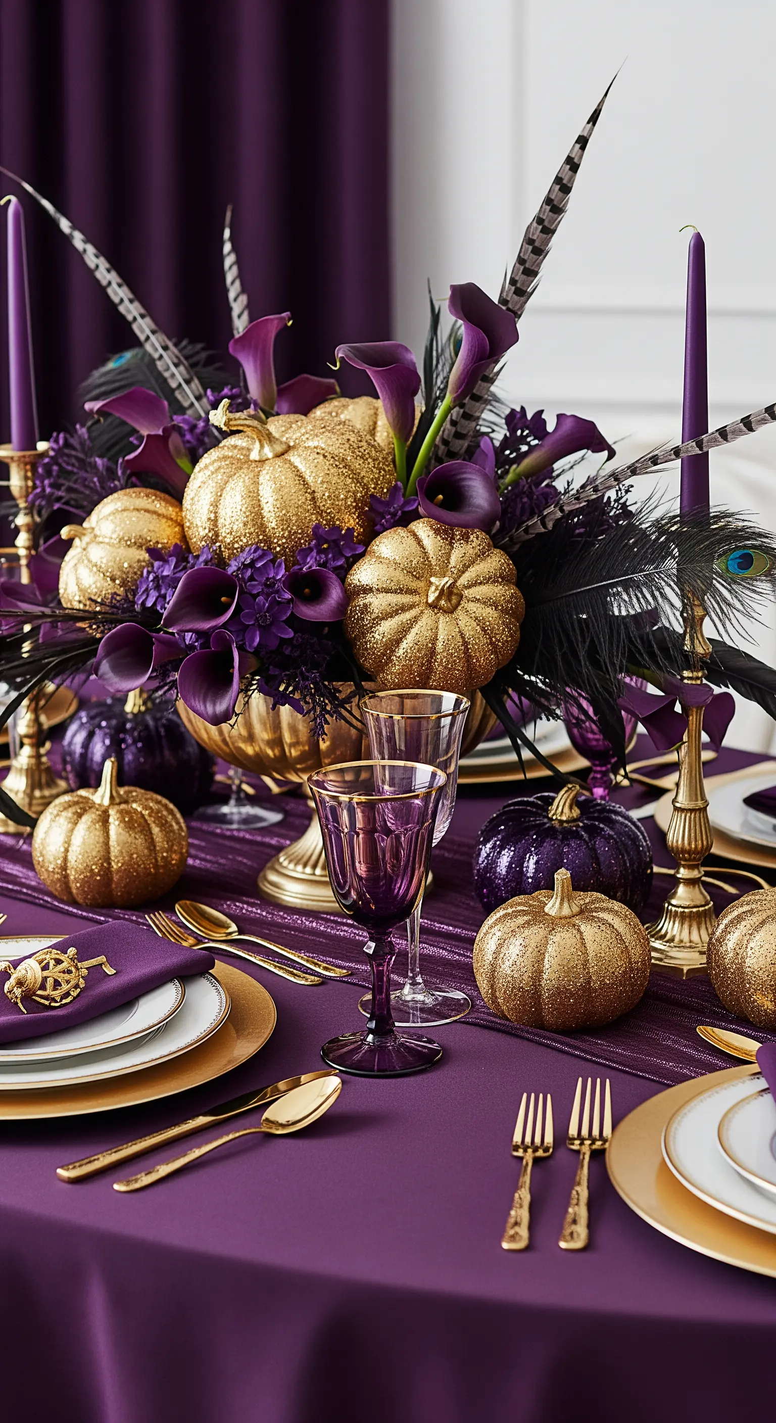 Tavola viola e oro con zucche, calle scure e piume di pavone.