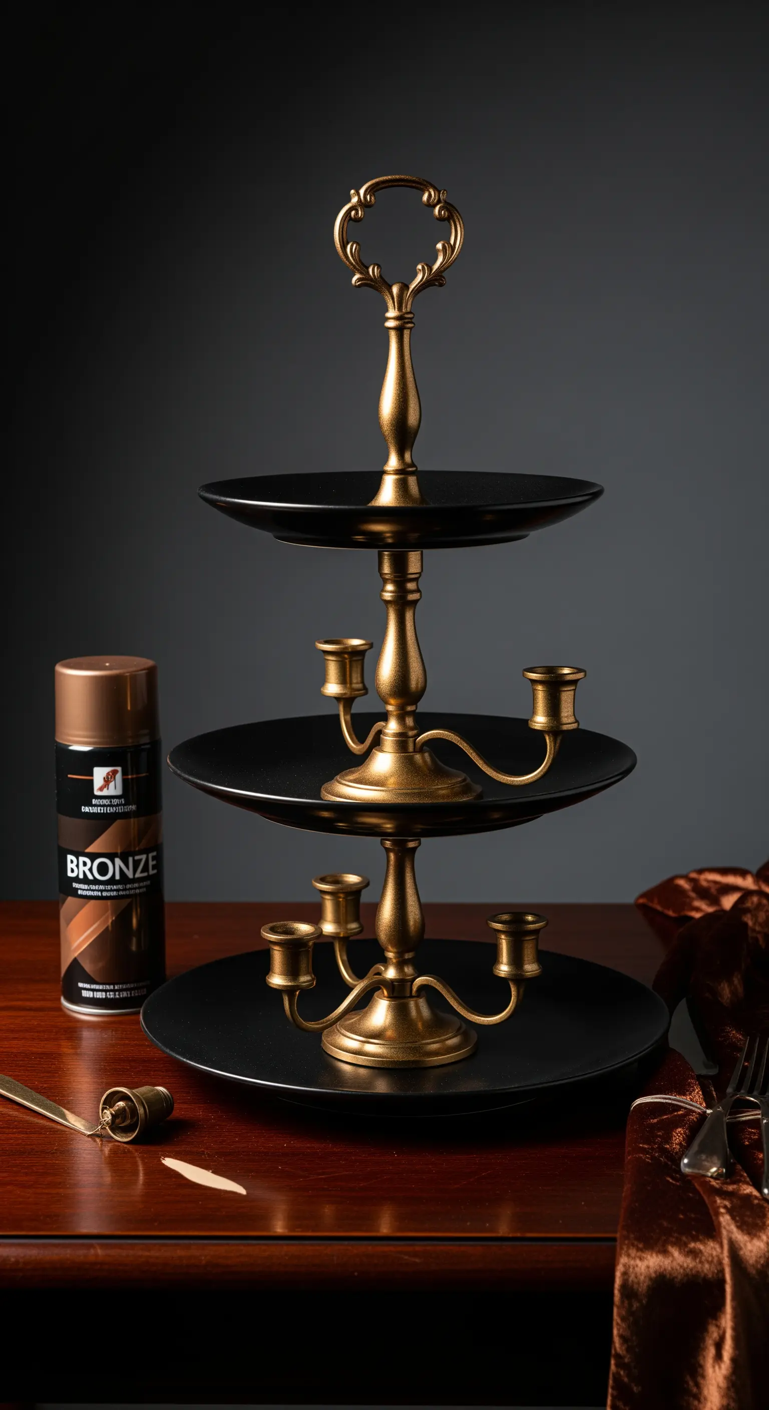 Alzata a tre piani nera opaca con struttura di candelabri verniciati in bronzo