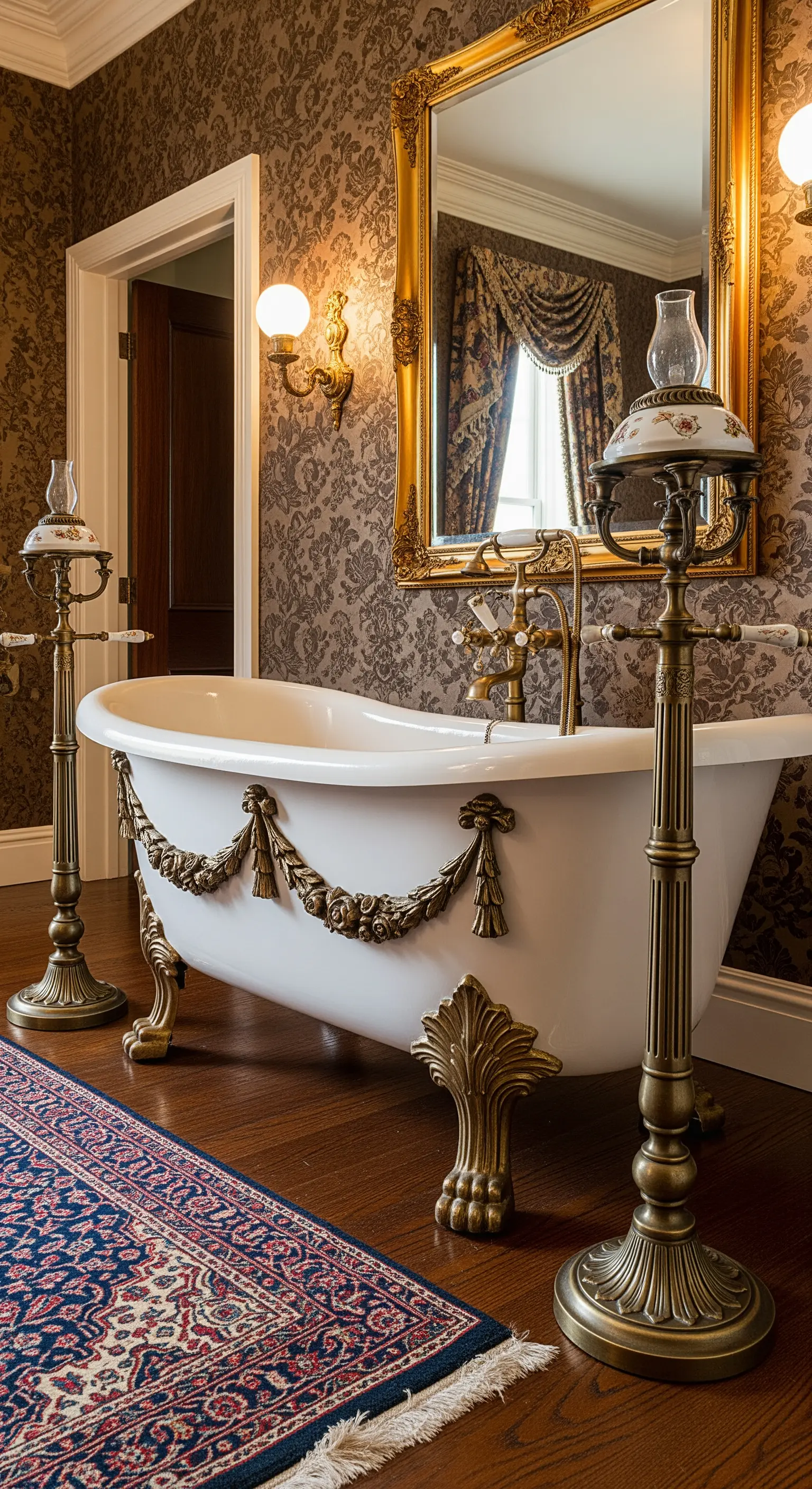 Vasca da bagno vittoriana con decorazioni e piedini in ottone, in un bagno sfarzoso.