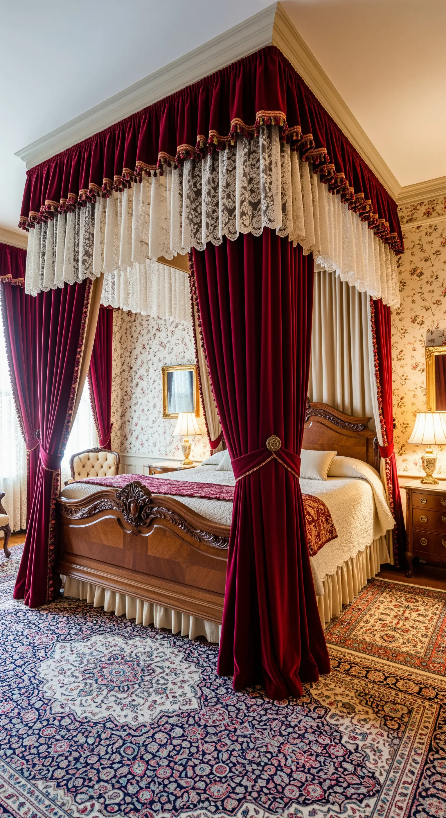 Letto a baldacchino vittoriano con pesanti tende di velluto rosso, pizzi e nappe.