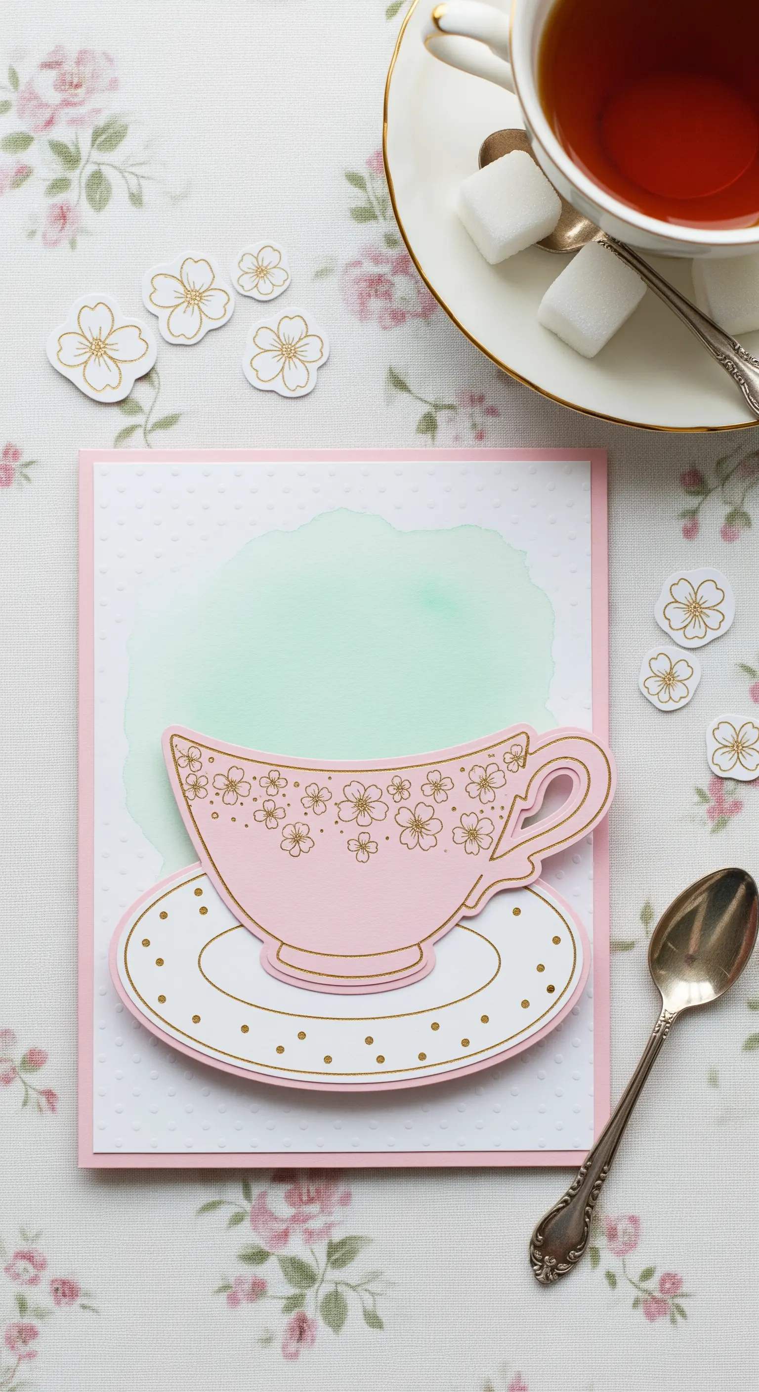 Invito per l'ora del tè con tazza rosa e oro applicata in rilievo su sfondo a pois.