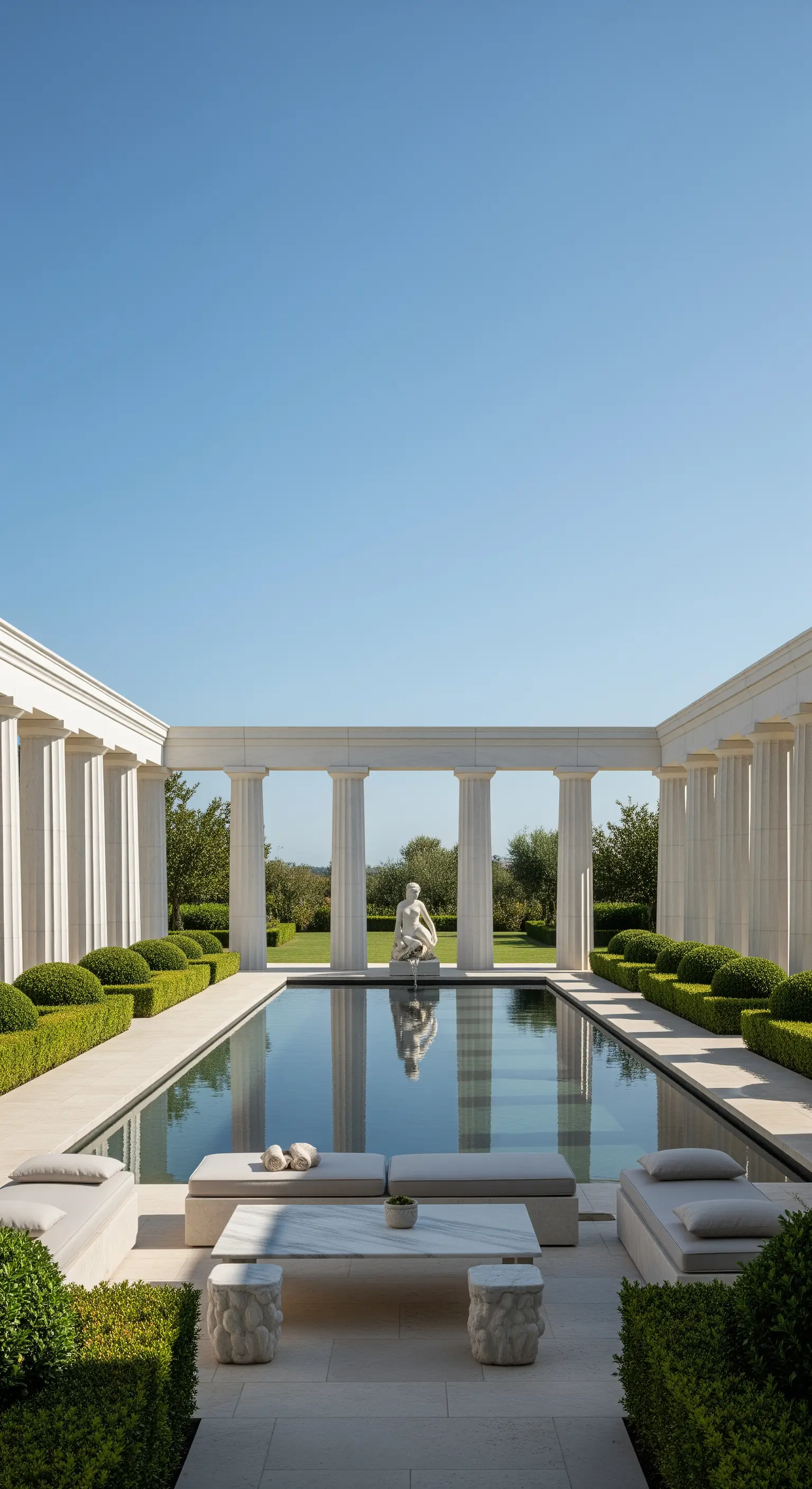 Patio moderno con colonnato, piscina rettangolare e arredi minimalisti color crema.