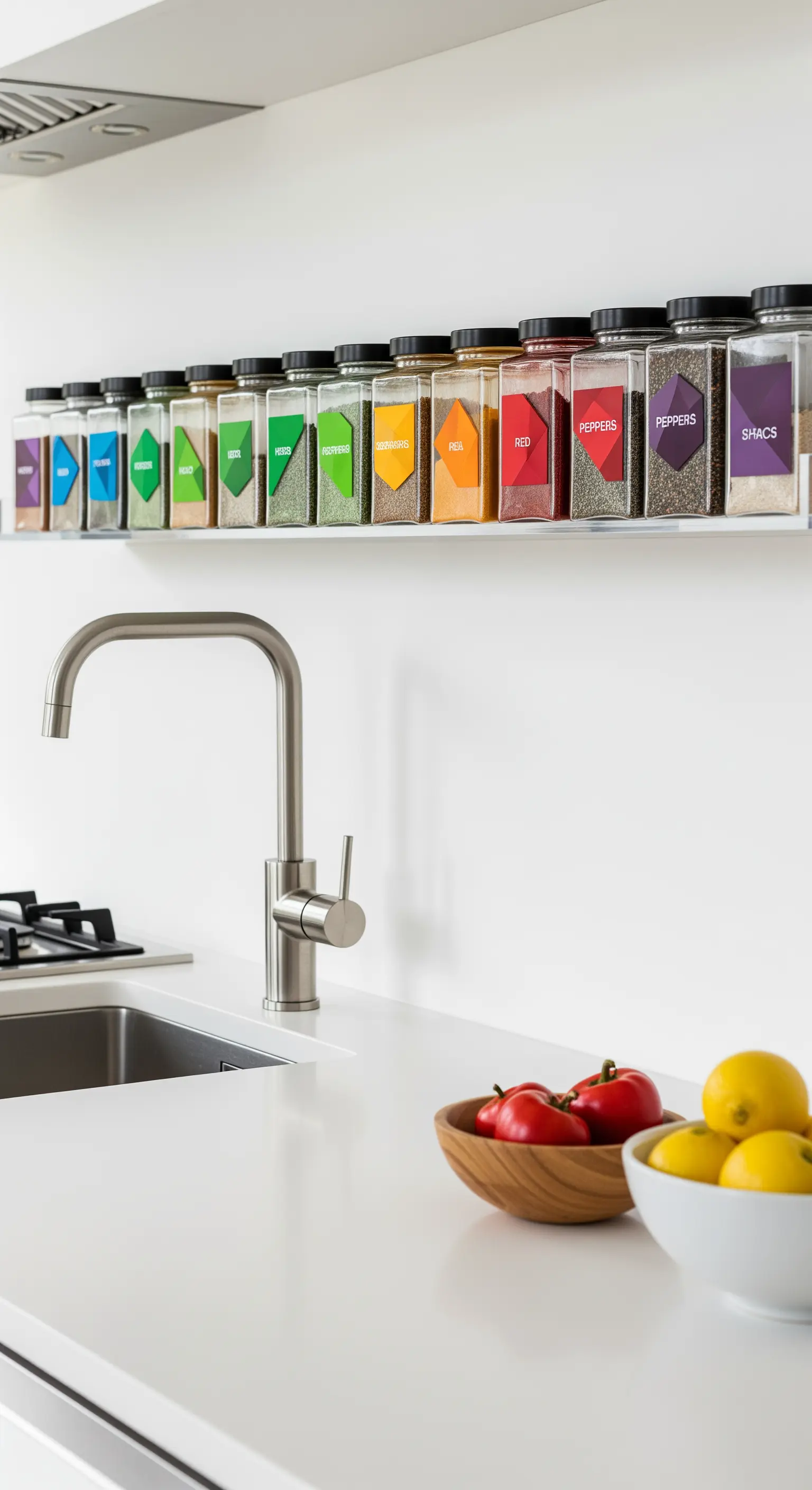 Mensola bianca con contenitori per spezie quadrati ordinati per colore.