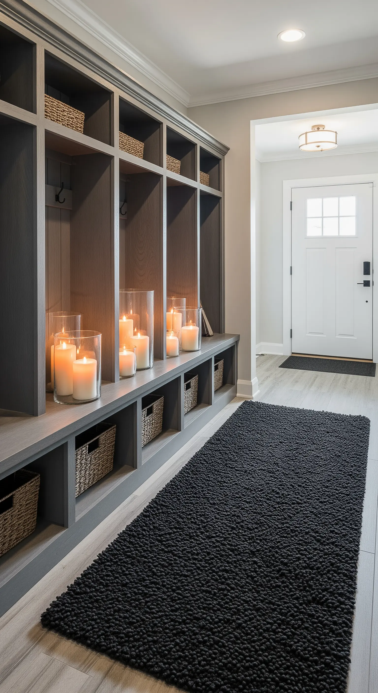 Ingresso funzionale con panca contenitore grigia, cesti in vimini e candele in vasi di vetro.