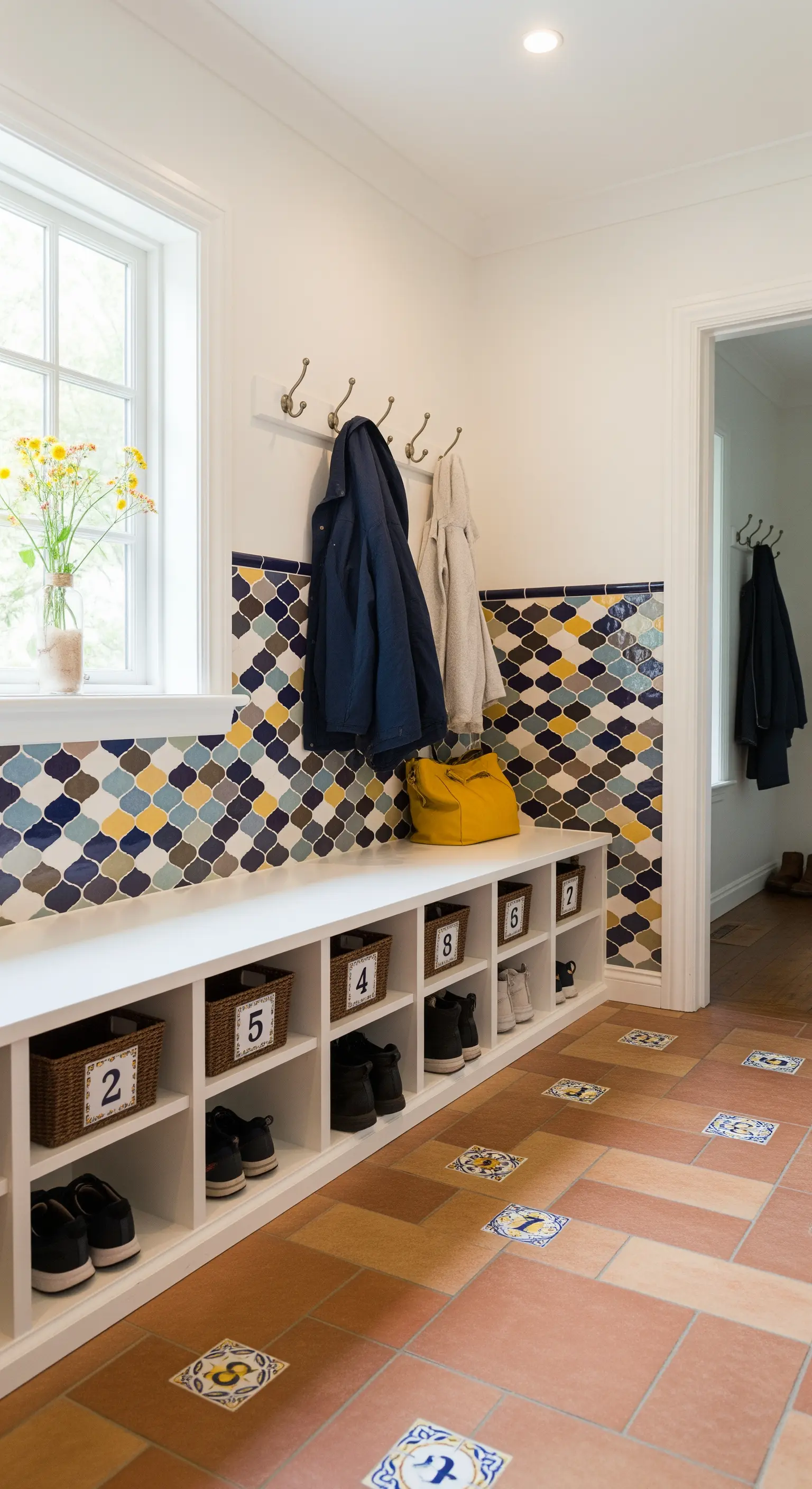 Ingresso-mudroom con panca contenitore bianca, parete con maioliche e pavimento in cotto.