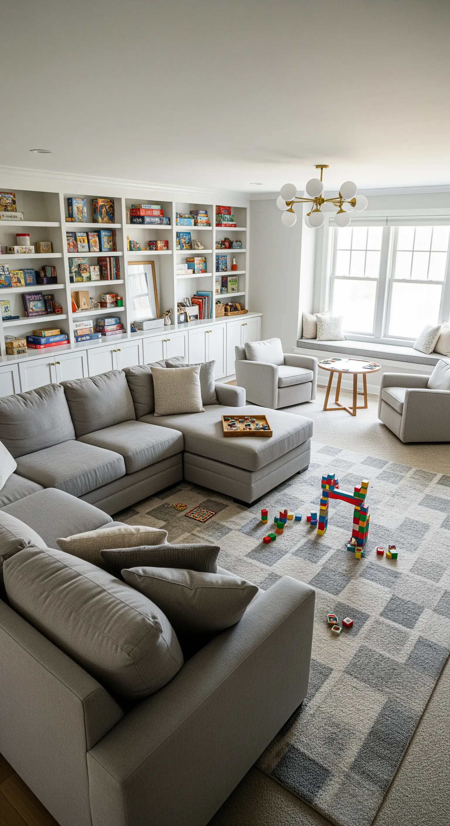 Salotto familiare con grande libreria a muro bianca piena di giochi e libri.