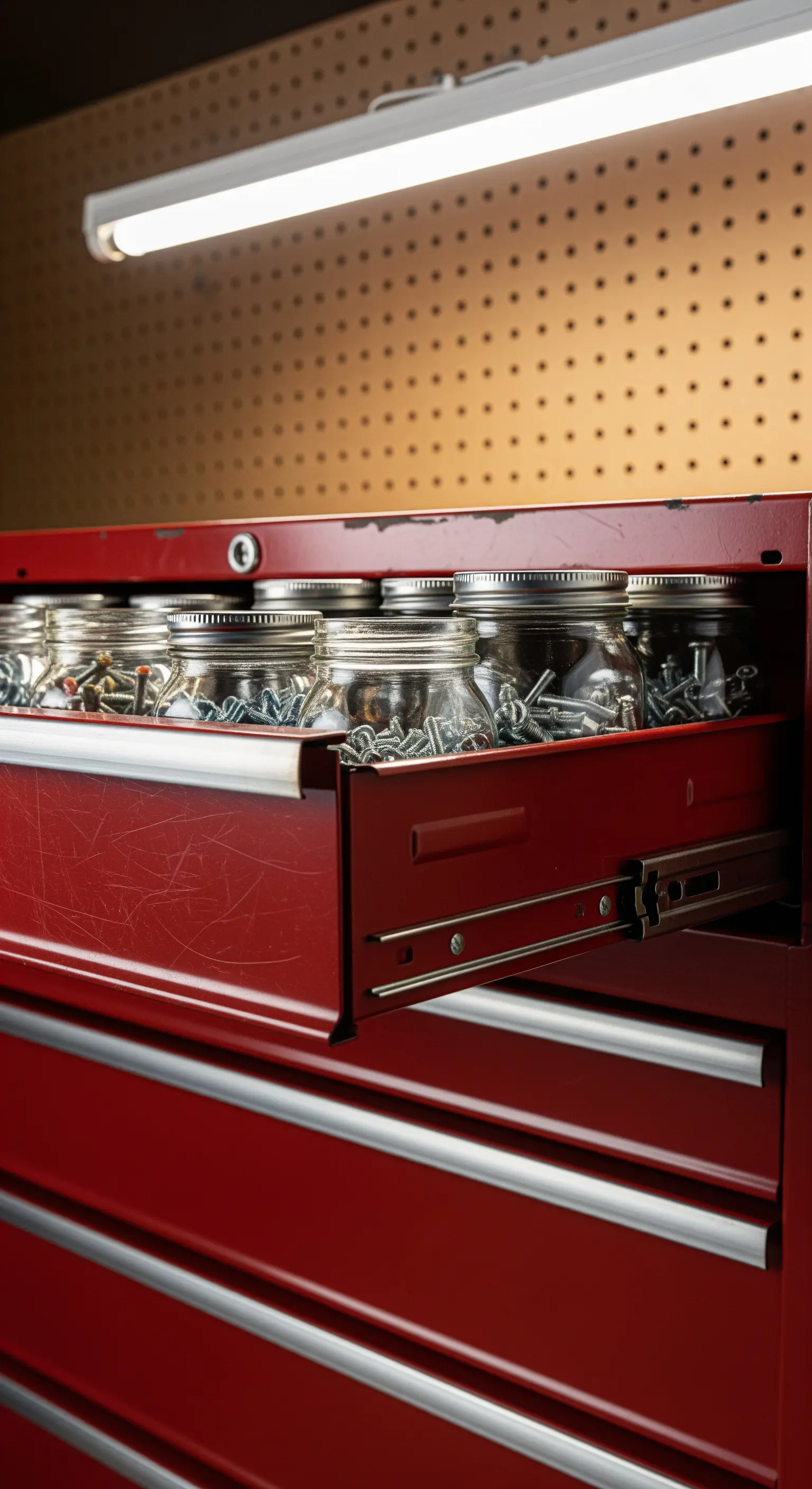 Cassetto di un carrello da officina rosso, pieno di barattoli di vetro contenenti viti e bulloni.