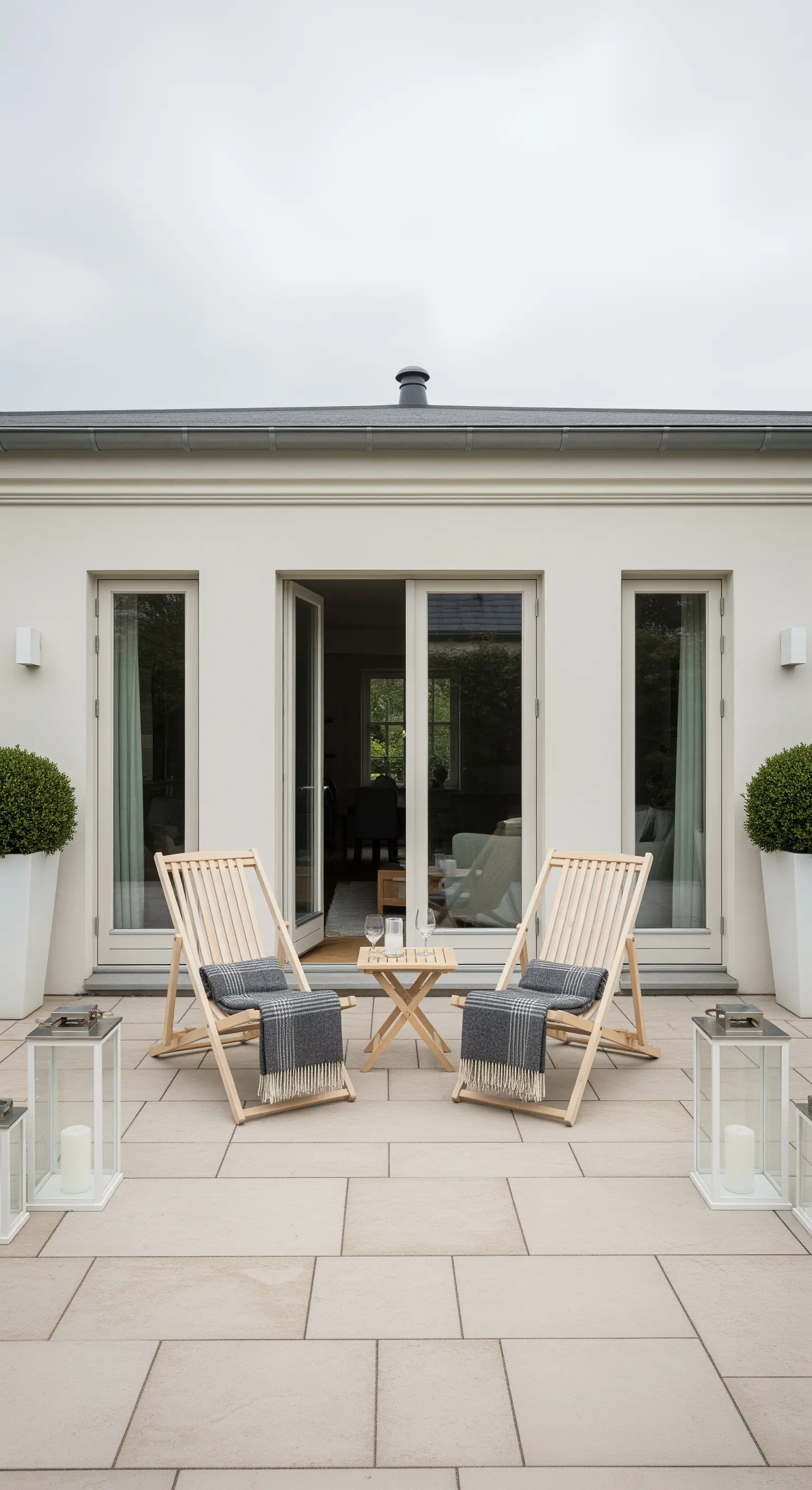 Patio simmetrico con due sdraio in legno, plaid grigi e lanterne bianche su pavimento in pietra.