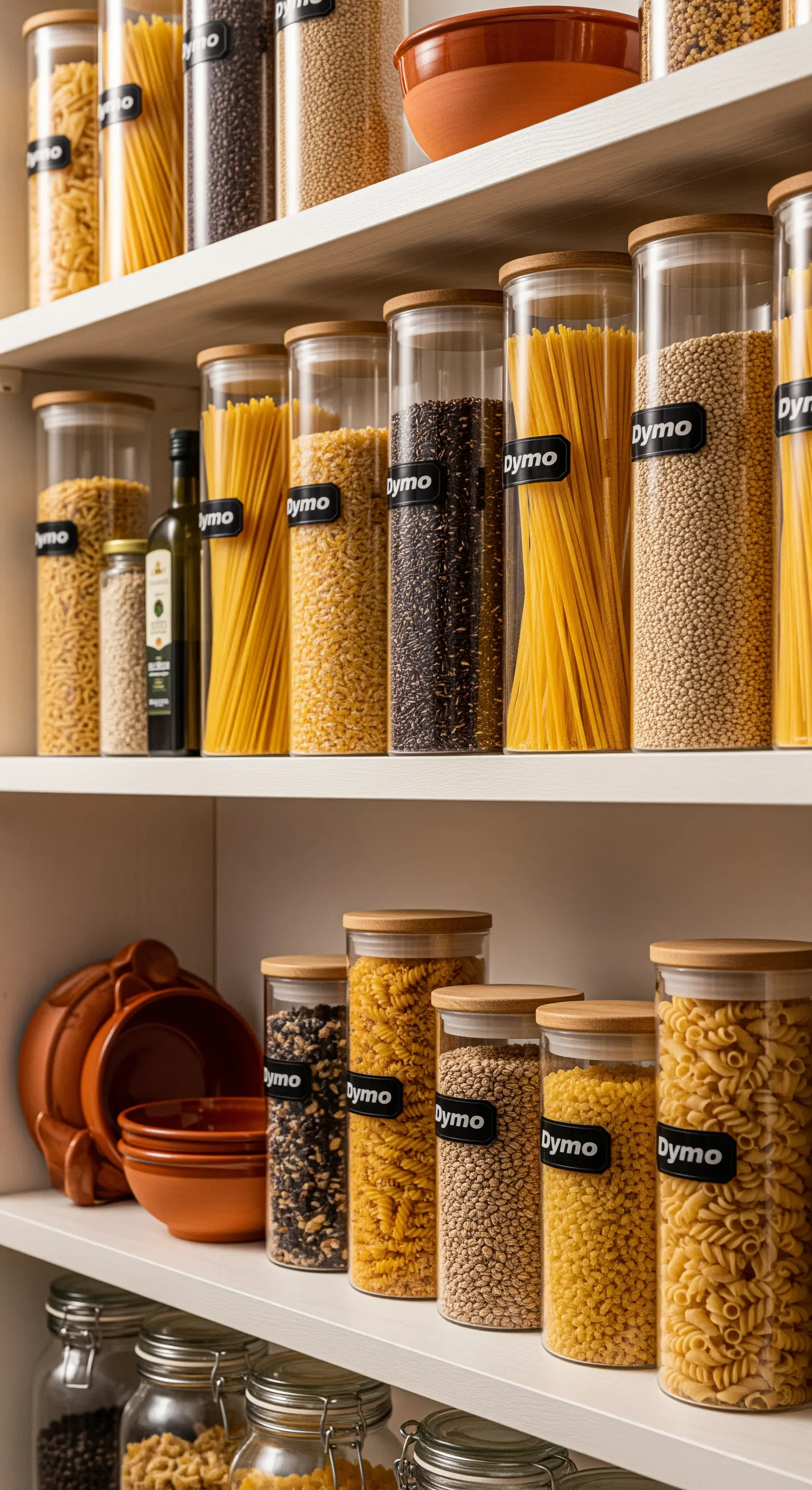 Dispensa ordinata con barattoli di vetro alti, coperchi in bambù ed etichette Dymo.