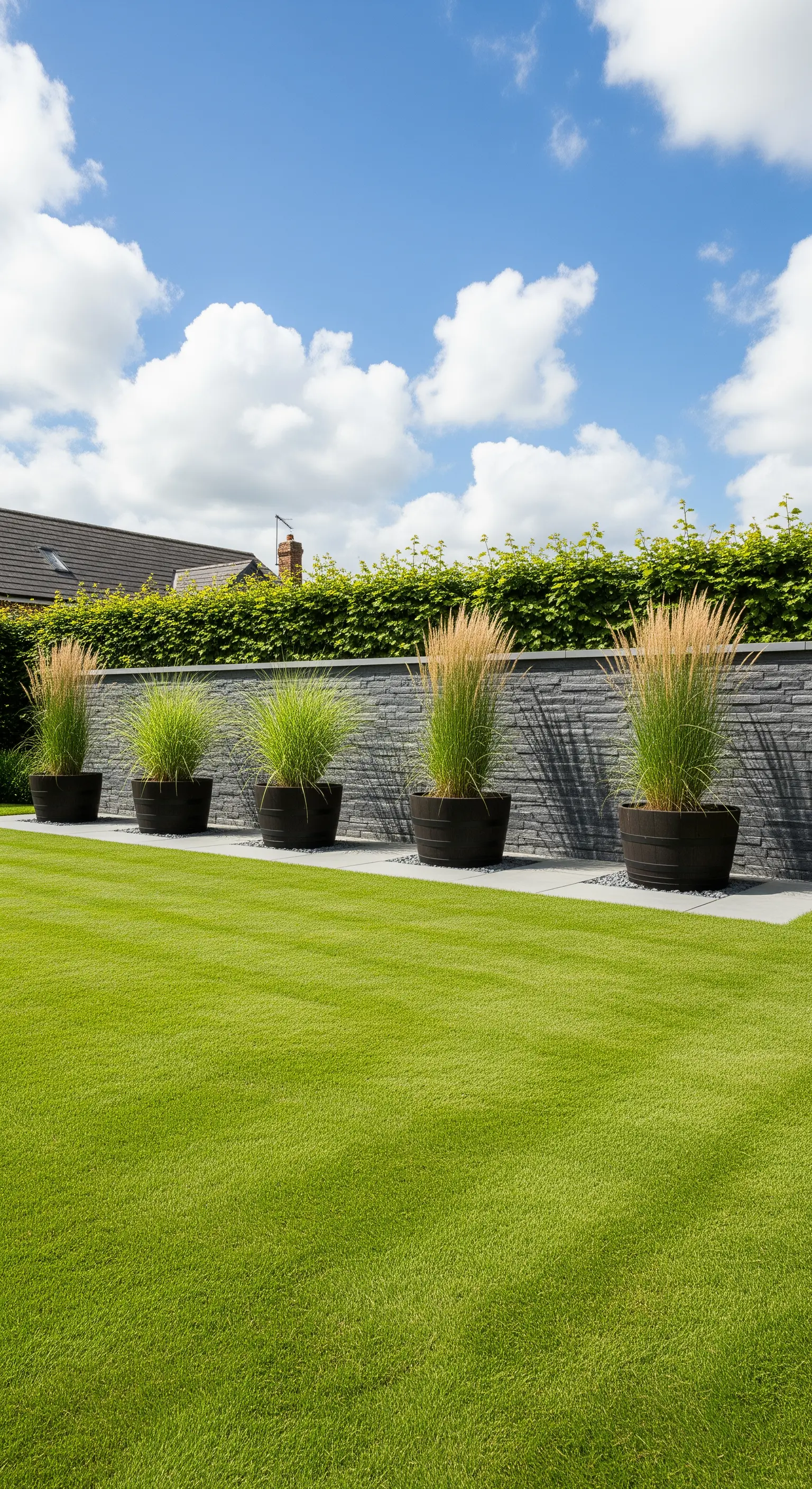 Giardino moderno con un prato curato e una fila di botti scure con erbe ornamentali