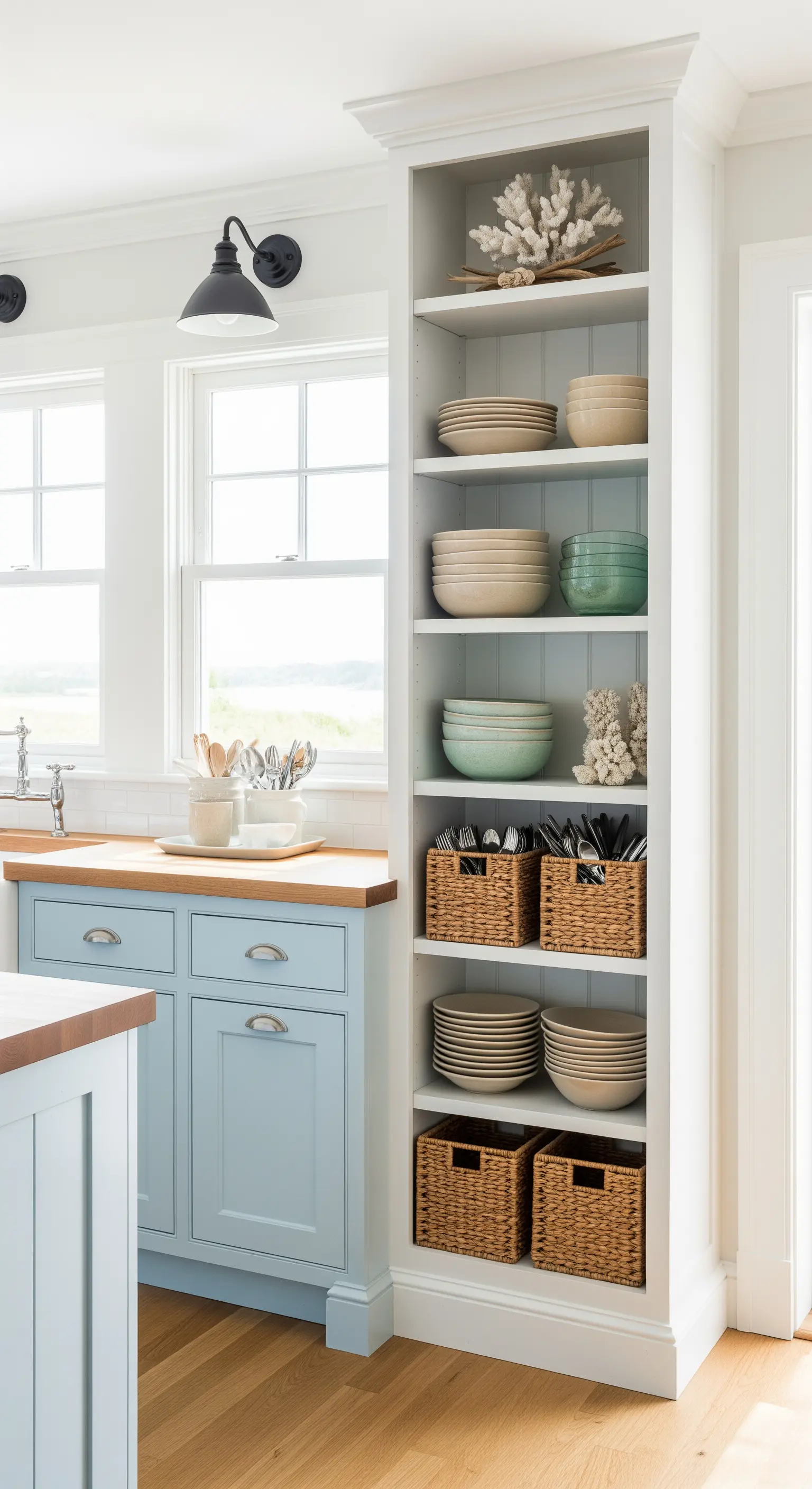 Libreria bianca a colonna con stoviglie e cesti di vimini.