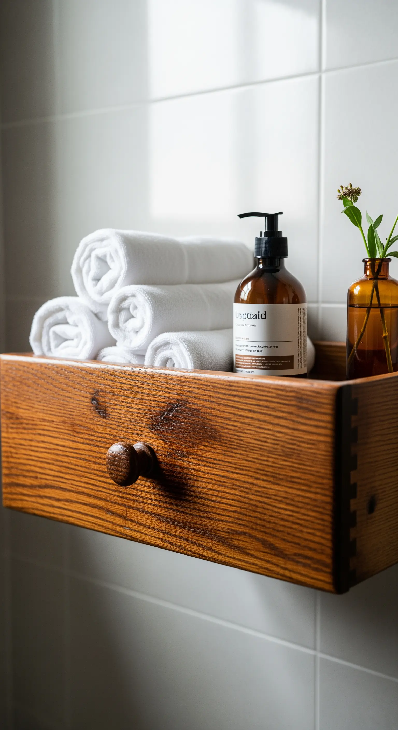 Cassetto in legno di rovere usato come mensola da bagno per asciugamani e un dispenser di sapone.