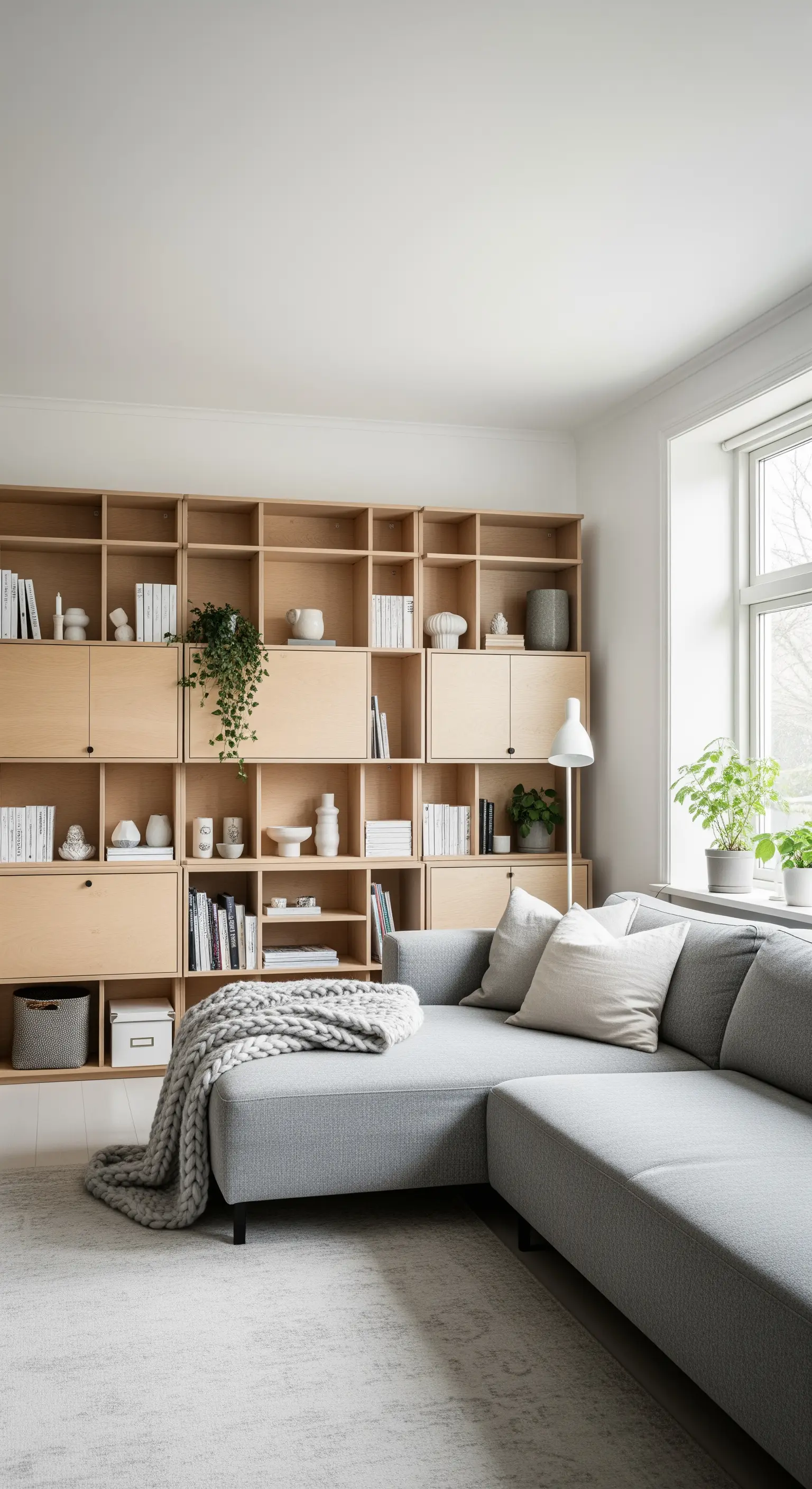 Libreria modulare in legno chiaro in un salotto scandinavo con divano grigio.