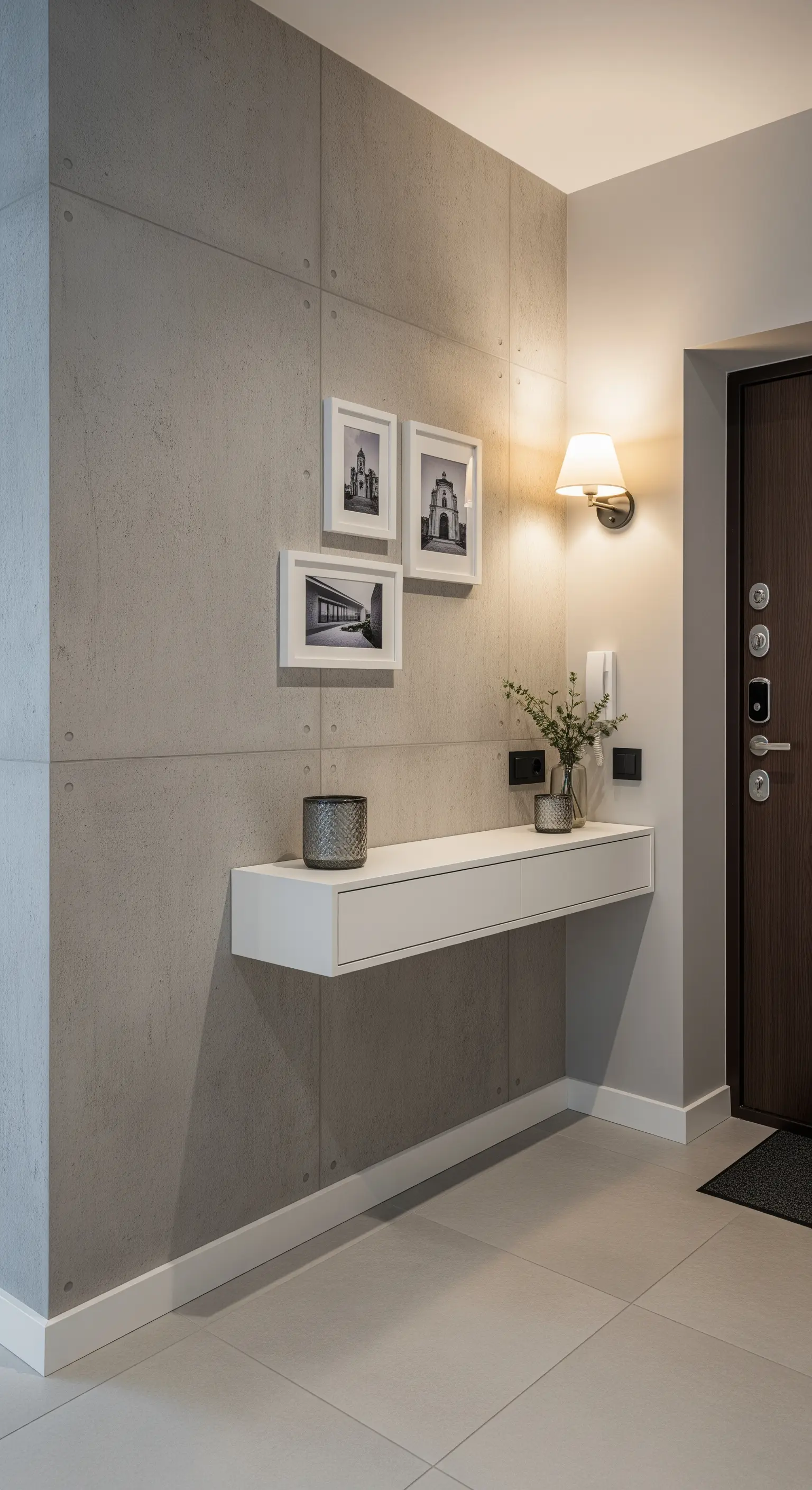 Consolle bianca sospesa su una parete a pannelli di cemento, con piccoli quadri incorniciati.