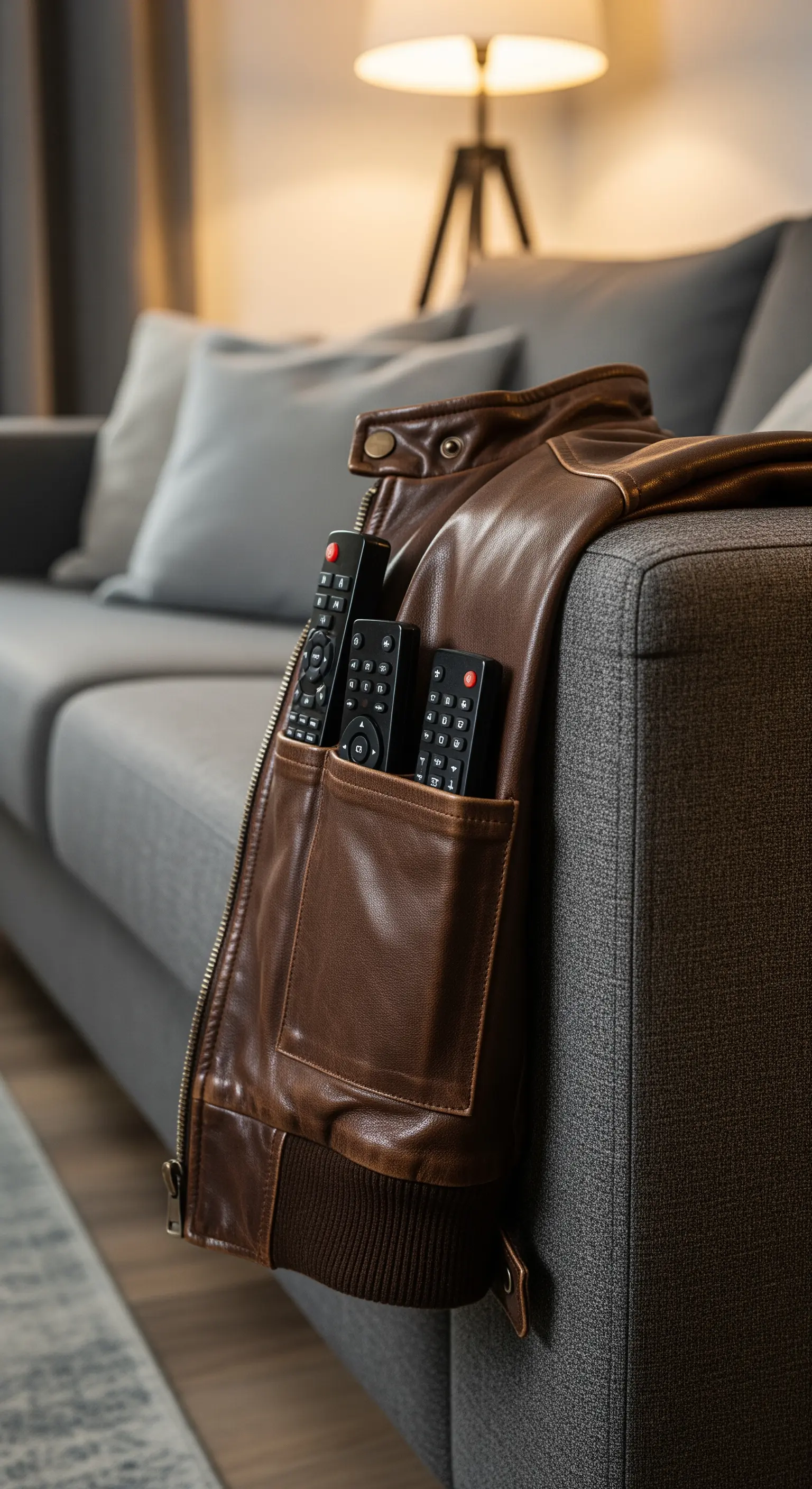 Parte di una giacca di pelle marrone usata come organizer da bracciolo per telecomandi.