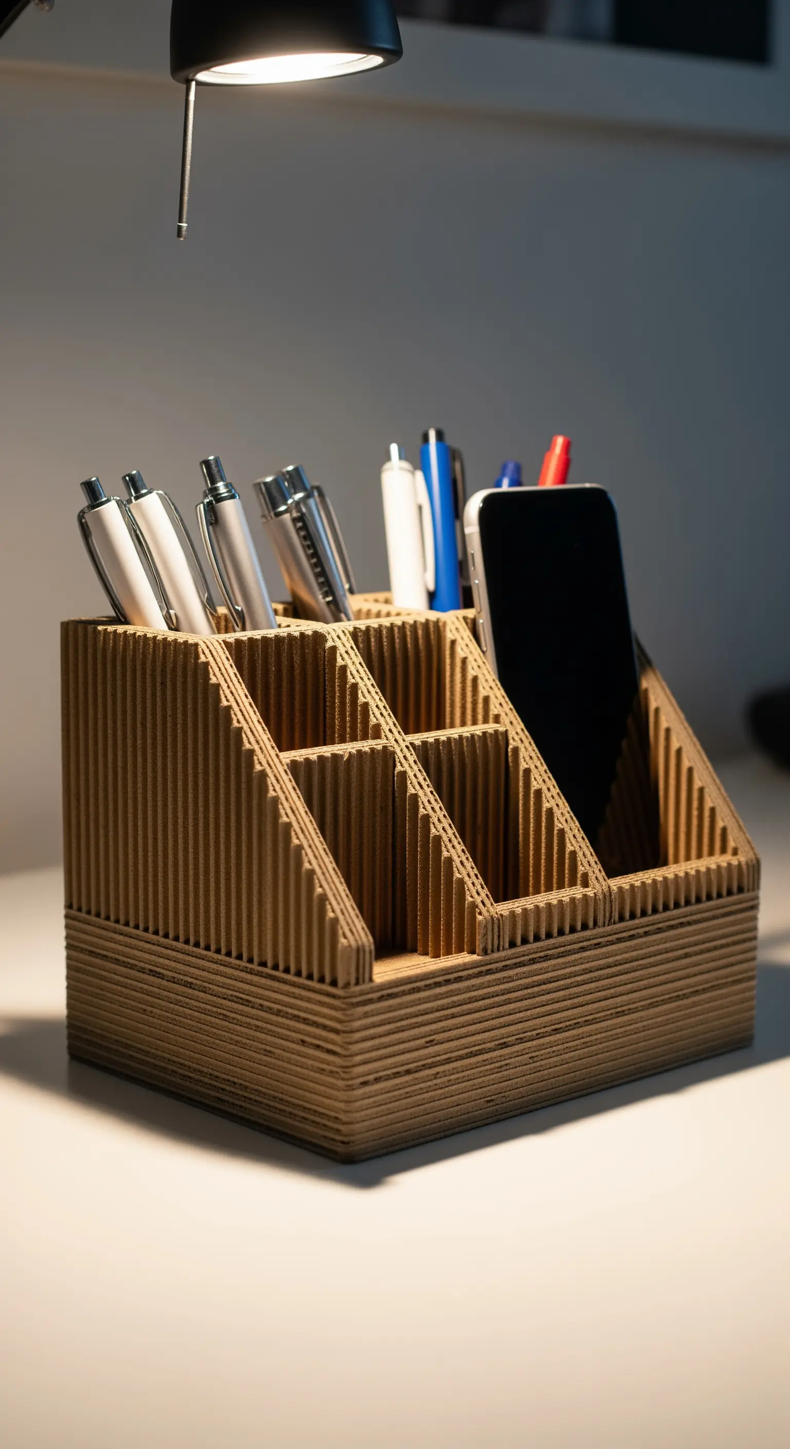 Un organizer da scrivania con scomparti, realizzato interamente con strati di cartone ondulato riciclato.