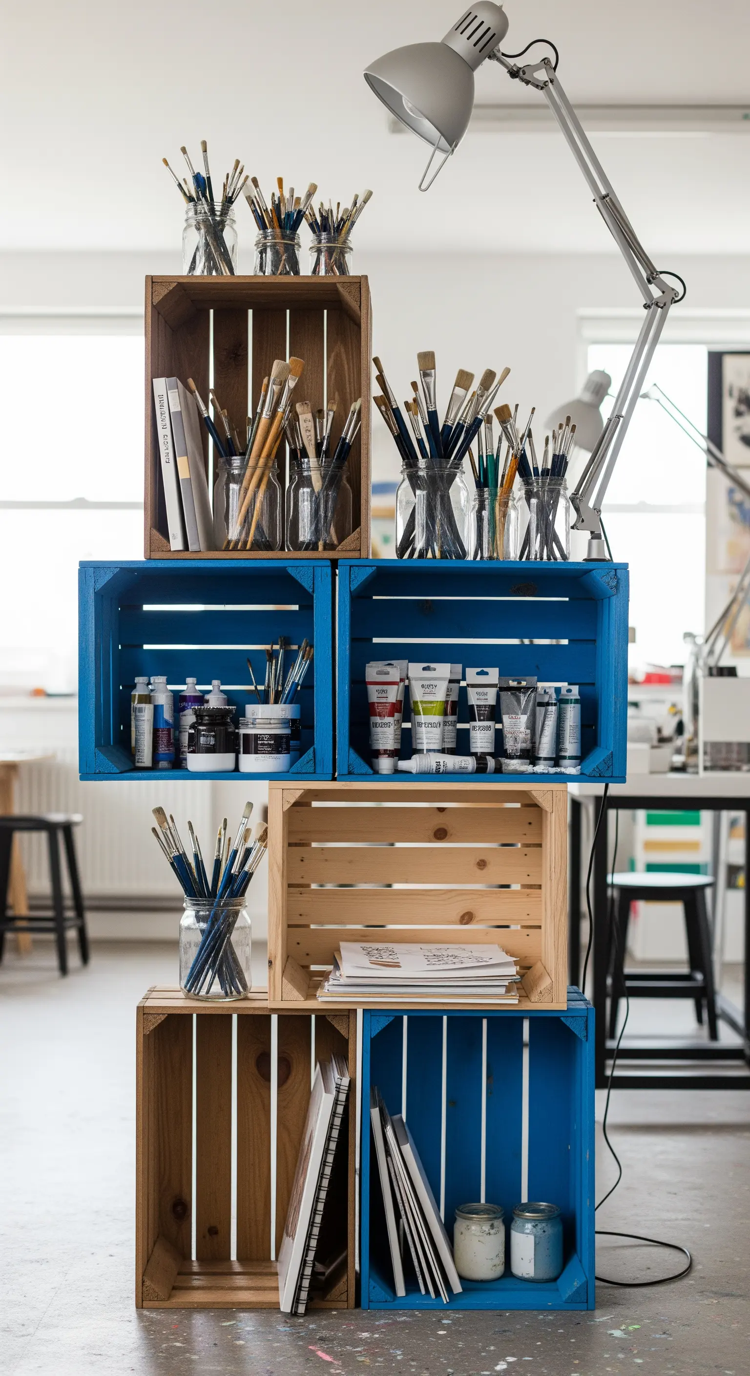 Cassette di legno blu e naturali impilate per contenere pennelli e colori in uno studio d'arte.