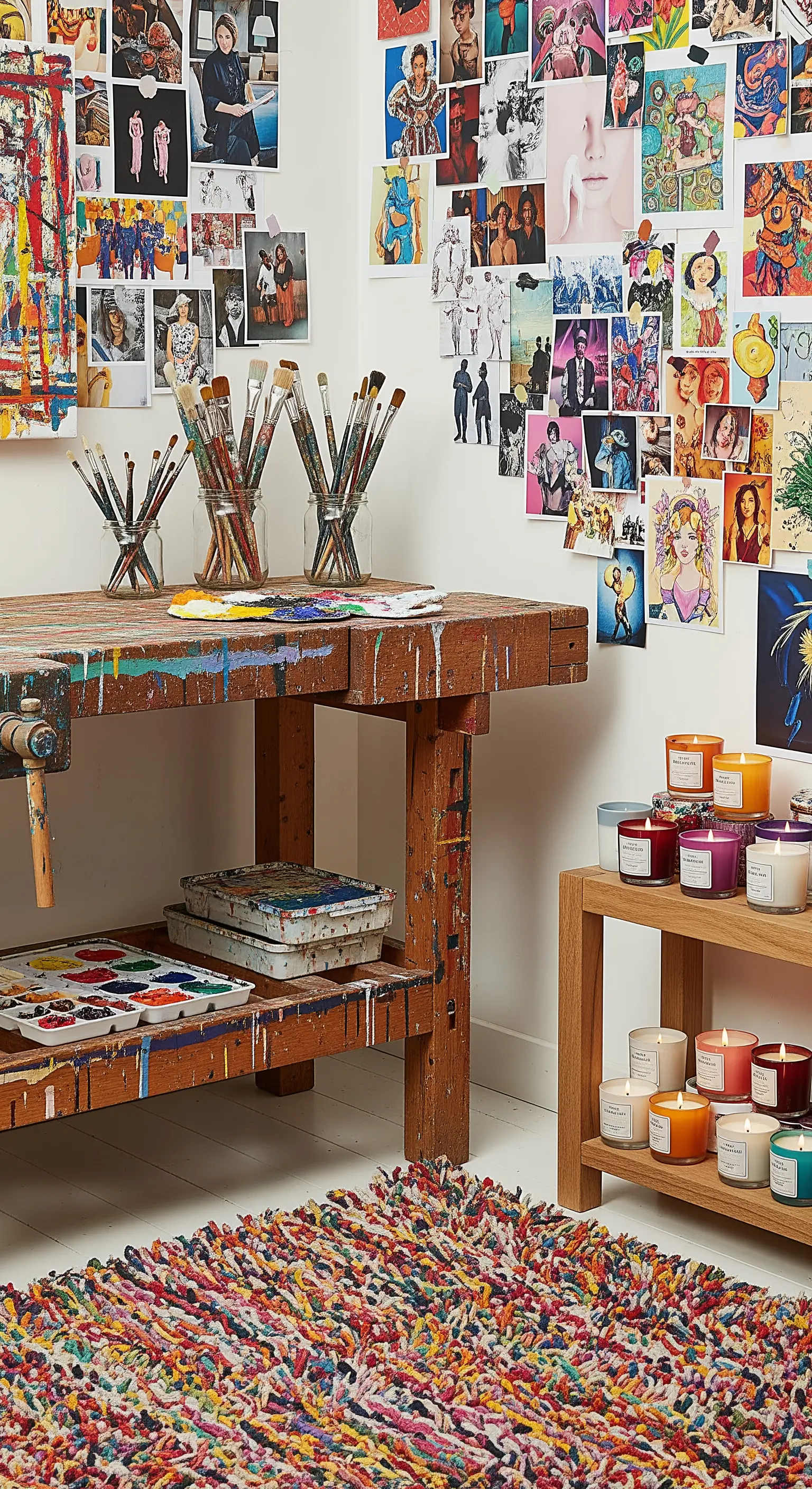 Studio d'artista con pareti coperte di immagini, banco da lavoro e un vivace tappeto colorato.