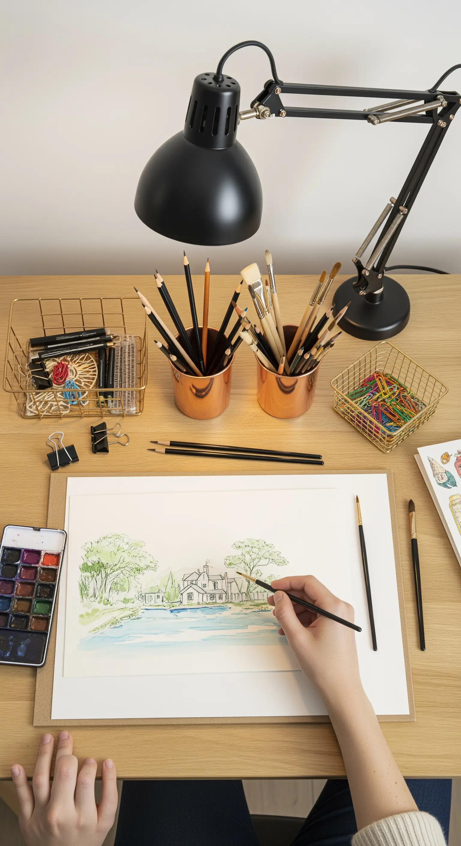 Scrivania da lavoro con acquerello, lampada nera e organizer da tavolo in filo di rame e oro.