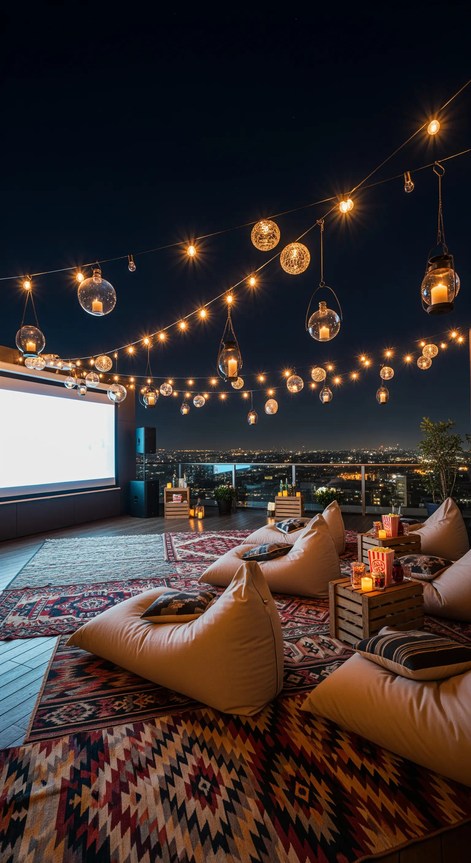 Terrazza allestita come cinema all'aperto con proiettore, pouf a sacco e tappeti etnici.