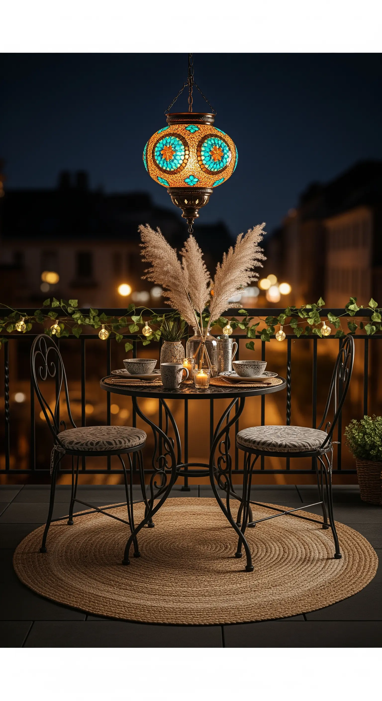 Tavolino da bistrò su un balcone, illuminato da una lanterna a mosaico turchese sospesa.